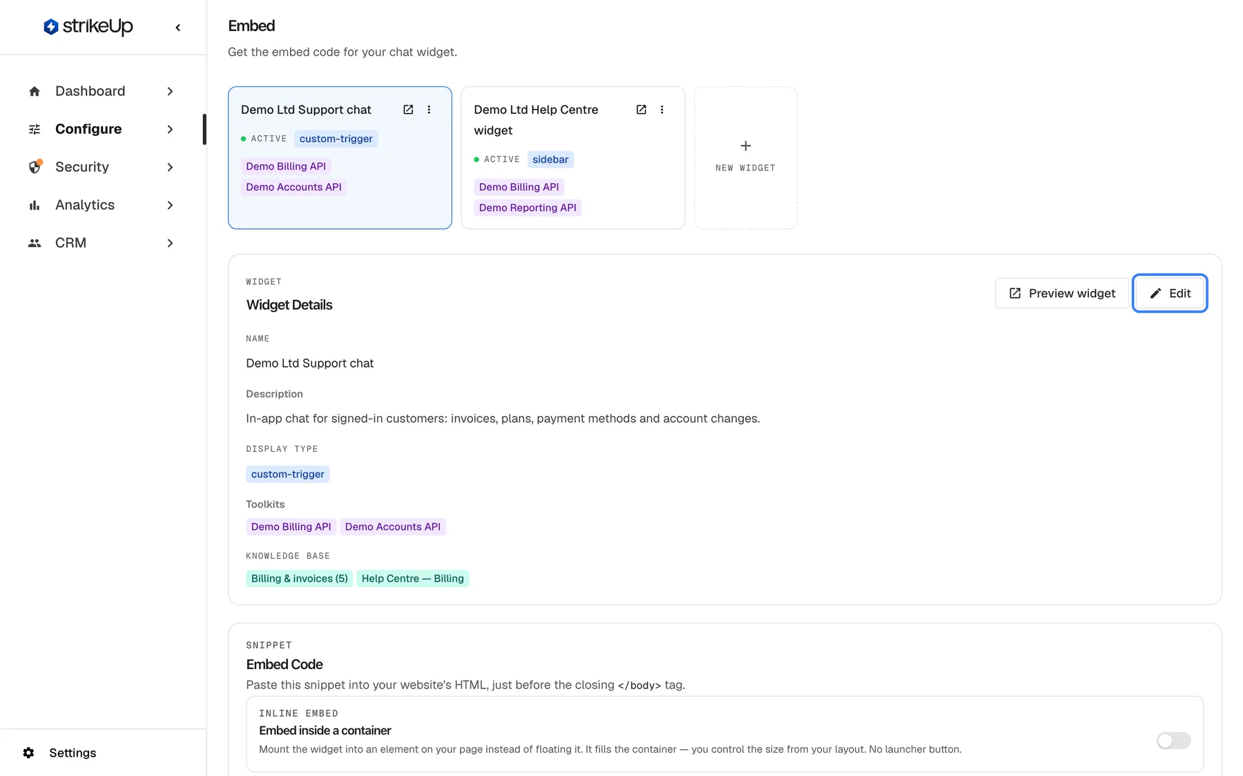 The Embed page under Configure ("Get the embed code for your chat widget.") with the widget card "Demo Ltd Support chat" selected. The Widget Details card below lists Name "Demo Ltd Support chat", the description "In-app chat for signed-in customers: invoices, plans, payment methods and account changes.", Display type "custom-trigger", Toolkits "Demo Billing API" and "Demo Accounts API", and the Knowledge Base folders "Billing & invoices (5)" and "Help Centre — Billing". At the top right of the card are "Preview widget" and the highlighted "Edit" button, which turns the card into a form.