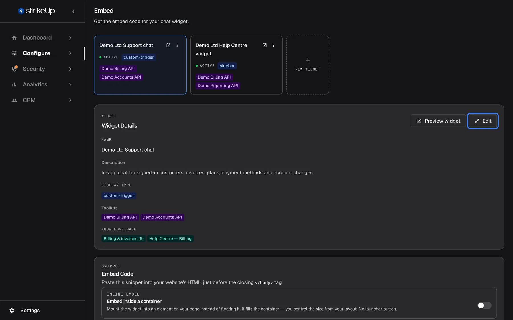 The Embed page under Configure ("Get the embed code for your chat widget.") with the widget card "Demo Ltd Support chat" selected. The Widget Details card below lists Name "Demo Ltd Support chat", the description "In-app chat for signed-in customers: invoices, plans, payment methods and account changes.", Display type "custom-trigger", Toolkits "Demo Billing API" and "Demo Accounts API", and the Knowledge Base folders "Billing & invoices (5)" and "Help Centre — Billing". At the top right of the card are "Preview widget" and the highlighted "Edit" button, which turns the card into a form.