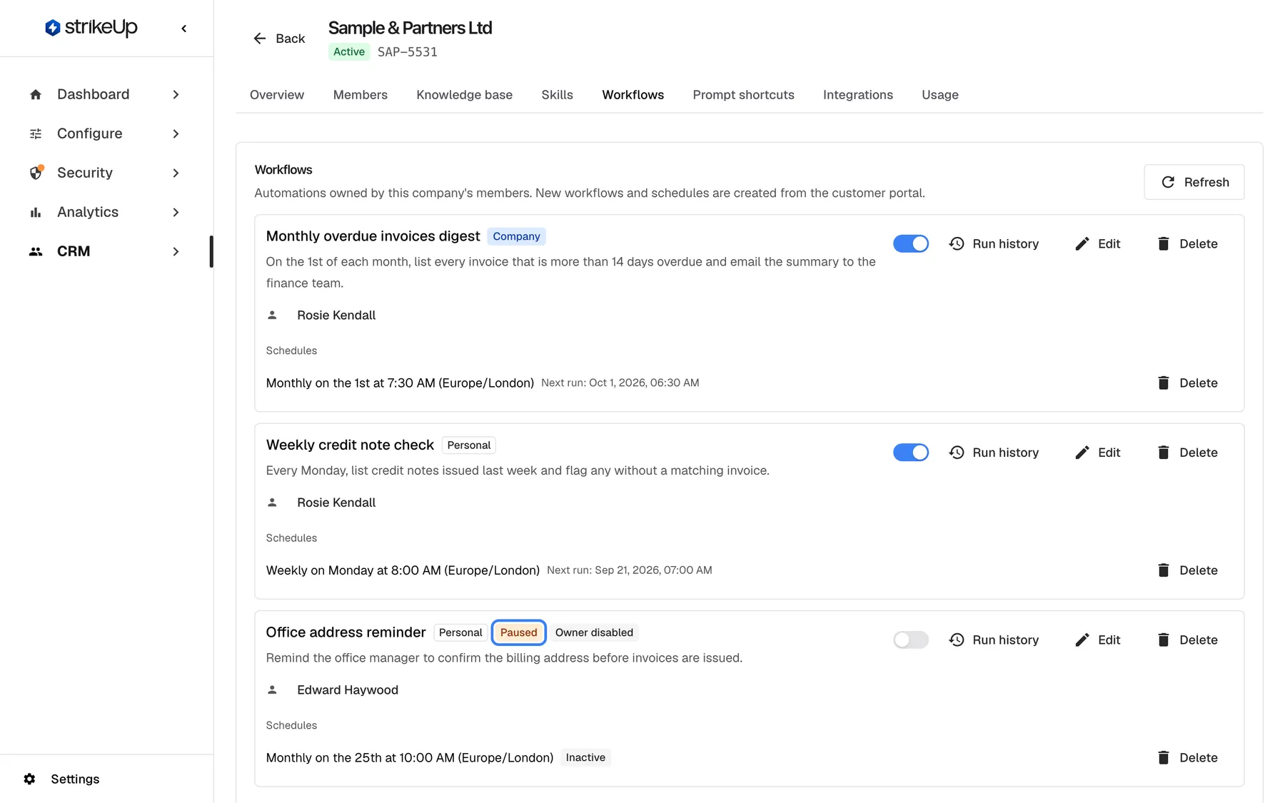 The Workflows tab of "Sample & Partners Ltd", noting that new workflows and schedules are created from the customer portal. Three workflow cards are shown, each with an active switch, "Run history", Edit and Delete: "Monthly overdue invoices digest" (badge "Company") and "Weekly credit note check" (badge "Personal"), both owned by Rosie Kendall with schedules and next runs, and "Office address reminder" (Personal) by Edward Haywood, whose badges "Paused" (highlighted) and "Owner disabled" are shown and whose schedule is marked Inactive.