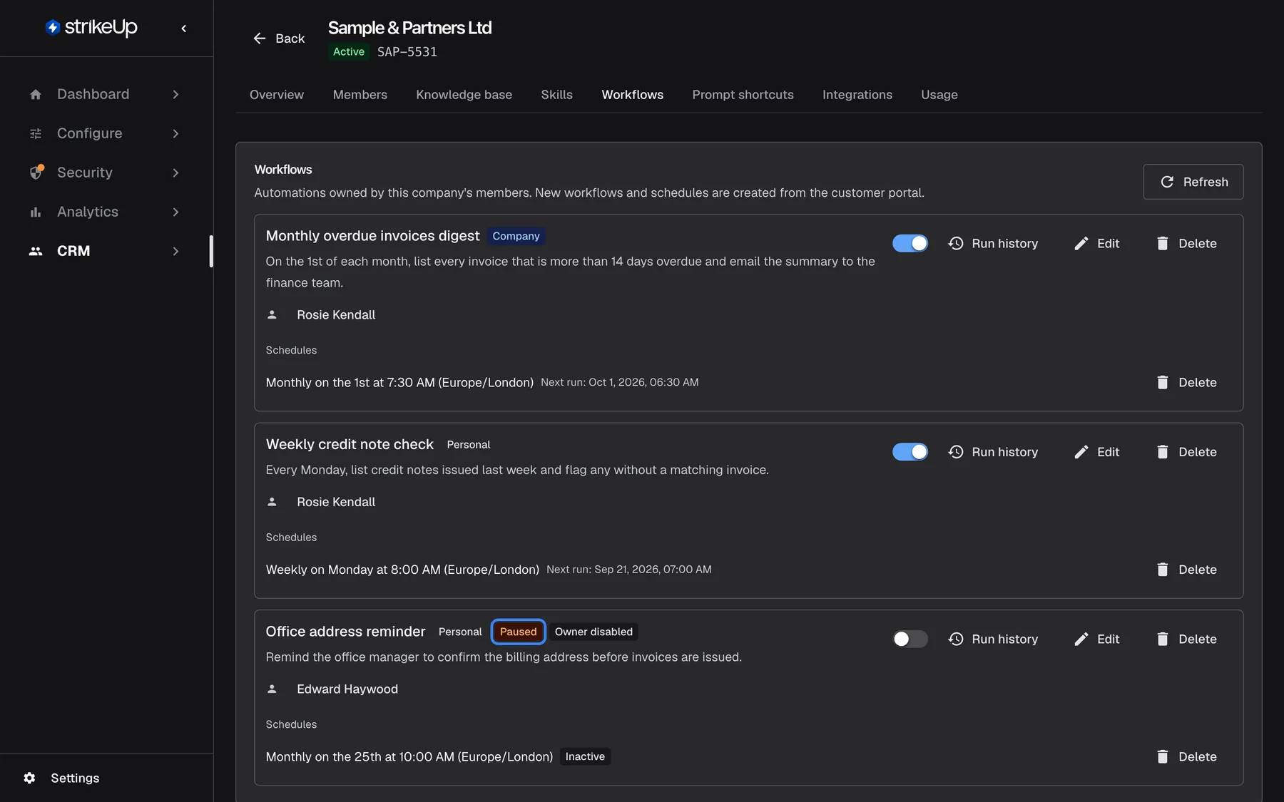 The Workflows tab of "Sample & Partners Ltd", noting that new workflows and schedules are created from the customer portal. Three workflow cards are shown, each with an active switch, "Run history", Edit and Delete: "Monthly overdue invoices digest" (badge "Company") and "Weekly credit note check" (badge "Personal"), both owned by Rosie Kendall with schedules and next runs, and "Office address reminder" (Personal) by Edward Haywood, whose badges "Paused" (highlighted) and "Owner disabled" are shown and whose schedule is marked Inactive.