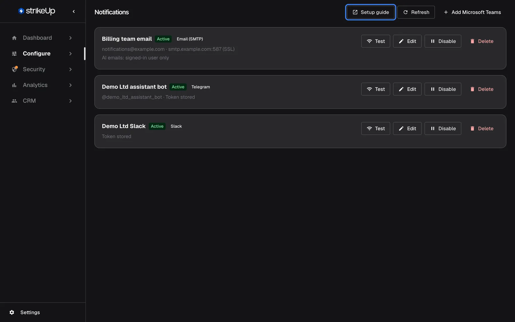 The Notifications page under Configure with the workspace's three channels: "Billing team email" (Active, Email (SMTP), notifications@example.com · smtp.example.com:587 (SSL)), "Demo Ltd assistant bot" (Active, Telegram, @demo_ltd_assistant_bot · Token stored) and "Demo Ltd Slack" (Active, Slack, Token stored), each with "Test", "Edit", "Disable" and "Delete". At the top right are the highlighted "Setup guide" link, which opens the Notification Channels setup guide in a new tab, "Refresh" and "Add Microsoft Teams".