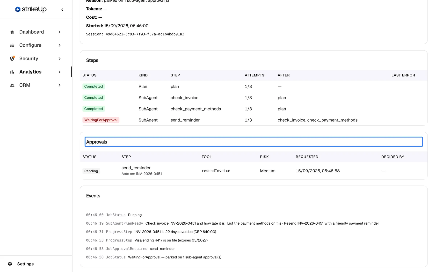 The lower part of the same agent job page. The highlighted "Approvals" table has one Pending row for the step send_reminder, "Acts on: INV-2026-0451", tool resendInvoice, risk Medium, the time it was requested and no one in "Decided by" yet. Below, "Events" lists the run in order: JobStatus Running, SubAgentPlanReady, the ProgressSteps "INV-2026-0451 is 22 days overdue (GBP 640.00)" and "Visa ending 4417 is on file (expires 03/2027)", JobApprovalRequired and JobStatus WaitingForApproval.