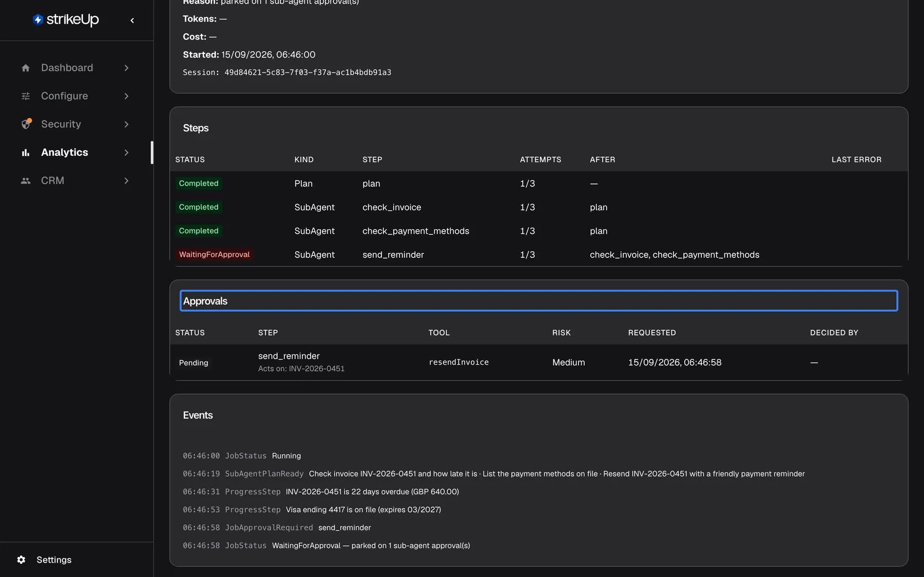 The lower part of the same agent job page. The highlighted "Approvals" table has one Pending row for the step send_reminder, "Acts on: INV-2026-0451", tool resendInvoice, risk Medium, the time it was requested and no one in "Decided by" yet. Below, "Events" lists the run in order: JobStatus Running, SubAgentPlanReady, the ProgressSteps "INV-2026-0451 is 22 days overdue (GBP 640.00)" and "Visa ending 4417 is on file (expires 03/2027)", JobApprovalRequired and JobStatus WaitingForApproval.