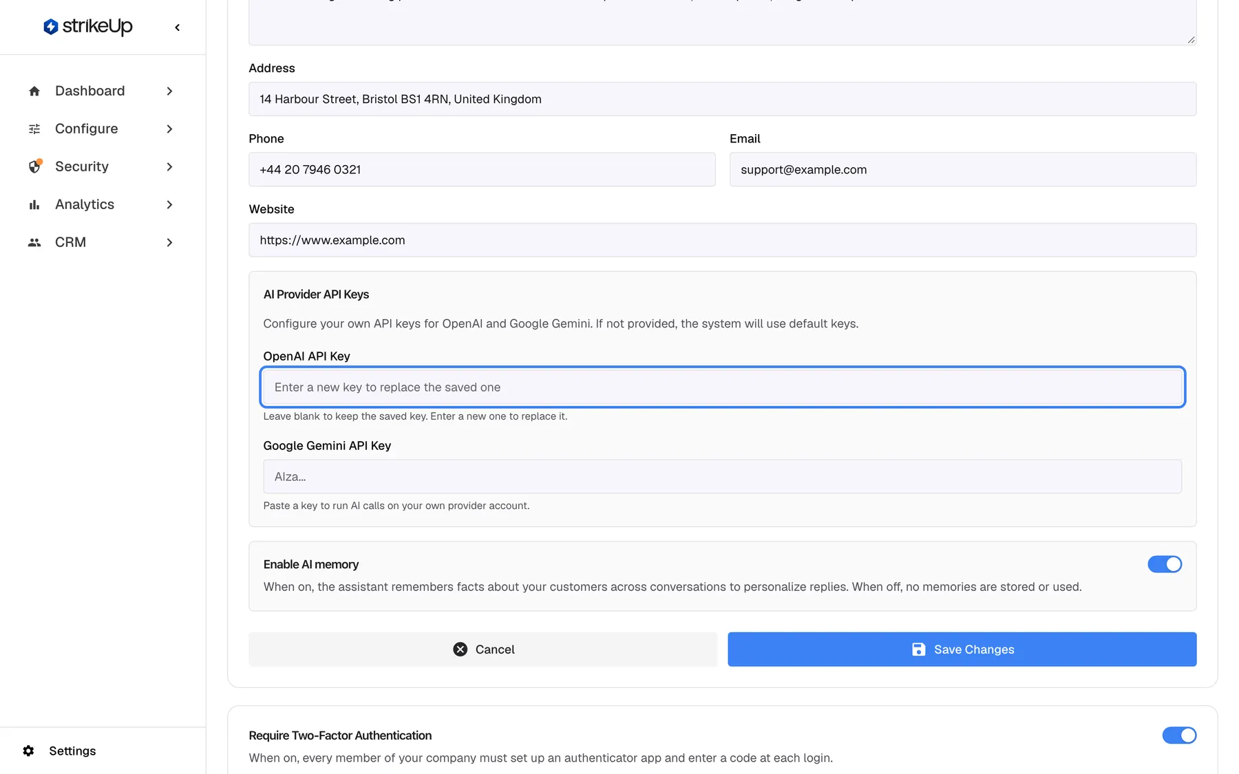 The Company Details page in edit mode, scrolled to the AI Provider API Keys box, which explains that StrikeUp uses default keys if none are provided. The empty "OpenAI API Key" field is highlighted, with the placeholder "Enter a new key to replace the saved one" and the help "Leave blank to keep the saved key". Below it, "Google Gemini API Key" is empty with the placeholder "AIza...". The "Enable AI memory" switch follows.