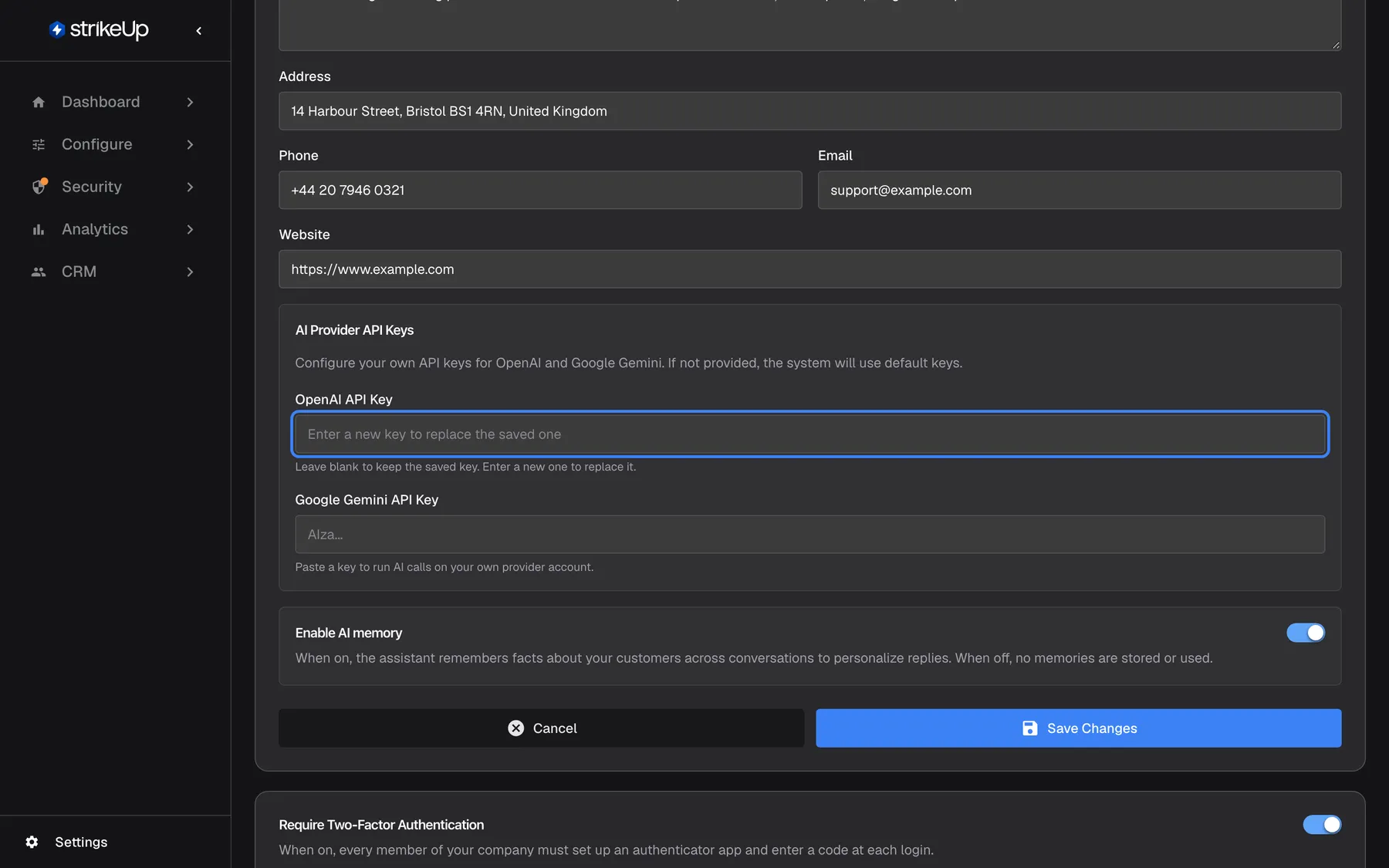 The Company Details page in edit mode, scrolled to the AI Provider API Keys box, which explains that StrikeUp uses default keys if none are provided. The empty "OpenAI API Key" field is highlighted, with the placeholder "Enter a new key to replace the saved one" and the help "Leave blank to keep the saved key". Below it, "Google Gemini API Key" is empty with the placeholder "AIza...". The "Enable AI memory" switch follows.