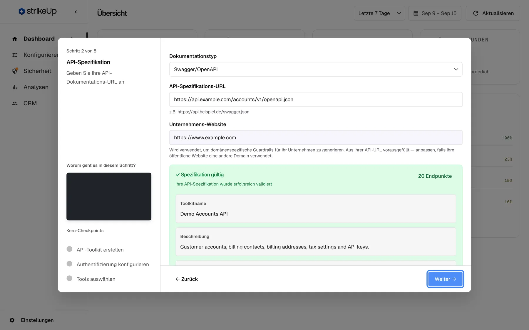 Der Assistent bei „Schritt 2 von 8“, „API-Spezifikation“, nach erfolgreicher Validierung. „Dokumentationstyp“ steht auf „Swagger/OpenAPI“, „API-Spezifikations-URL“ enthält „https://api.example.com/accounts/v1/openapi.json“, „Unternehmens-Website“ enthält „https://www.example.com“. Ein grünes Feld zeigt „✓ Spezifikation gültig“, „Ihre API-Spezifikation wurde erfolgreich validiert“ und „20 Endpunkte“ sowie den „Toolkitname“ „Demo Accounts API“ mit Beschreibung. Unten stehen links „← Zurück“ und rechts das hervorgehobene blaue „Weiter →“; es legt das Toolkit an und startet die Tool-Generierung im Hintergrund.