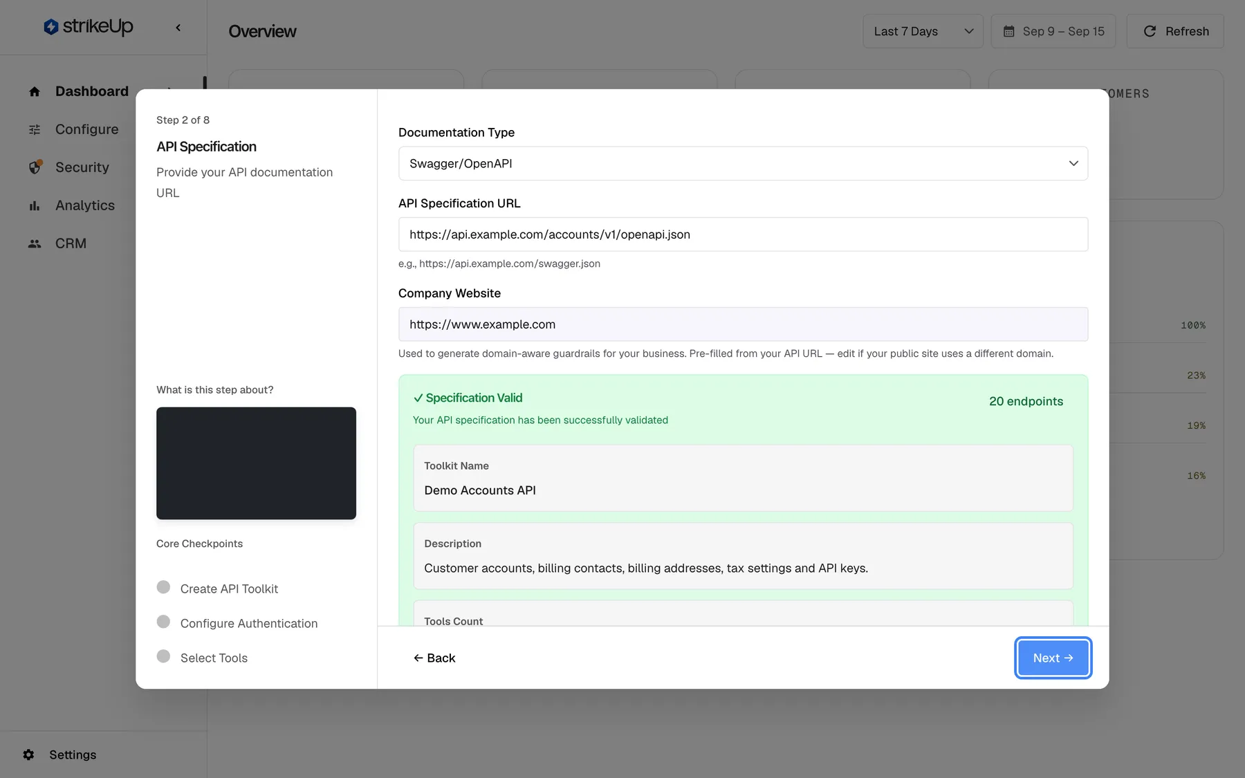 The wizard at "Step 2 of 8", "API Specification", after the specification was validated. "Documentation Type" is set to "Swagger/OpenAPI", "API Specification URL" contains "https://api.example.com/accounts/v1/openapi.json" and "Company Website" contains "https://www.example.com". A green panel reads "✓ Specification Valid", "Your API specification has been successfully validated" and "20 endpoints", with "Toolkit Name" "Demo Accounts API" and its description. At the bottom, "← Back" sits left and the highlighted blue "Next →" right; "Next →" creates the toolkit and starts generating its tools in the background.