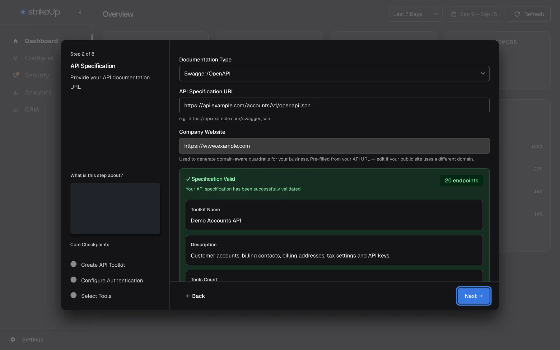 The wizard at "Step 2 of 8", "API Specification", after the specification was validated. "Documentation Type" is set to "Swagger/OpenAPI", "API Specification URL" contains "https://api.example.com/accounts/v1/openapi.json" and "Company Website" contains "https://www.example.com". A green panel reads "✓ Specification Valid", "Your API specification has been successfully validated" and "20 endpoints", with "Toolkit Name" "Demo Accounts API" and its description. At the bottom, "← Back" sits left and the highlighted blue "Next →" right; "Next →" creates the toolkit and starts generating its tools in the background.
