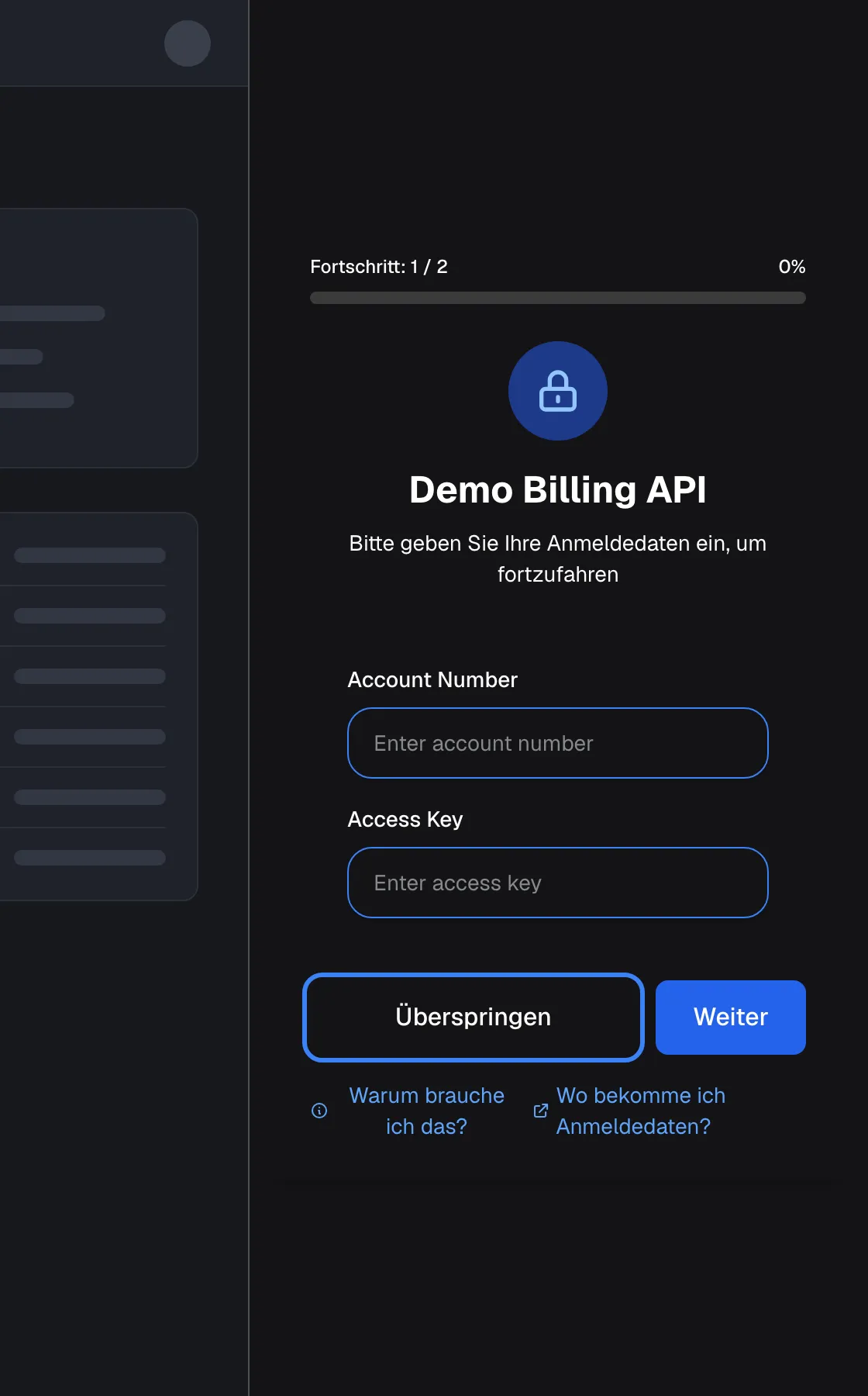 Das Widget als Panel rechts auf der Seite fragt die angemeldete Kundin vor dem Chat nach Zugangsdaten. "Fortschritt: 1 / 2" und 0 % stehen über einem Schloss-Symbol und dem Toolkit-Namen "Demo Billing API" mit "Bitte geben Sie Ihre Anmeldedaten ein, um fortzufahren". Das Formular fragt "Account Number" und "Access Key" ab. Darunter folgen die hervorgehobene Schaltfläche "Überspringen" und "Weiter" sowie die Links "Warum brauche ich das?" und "Wo bekomme ich Anmeldedaten?". Wer überspringt, kann dieses Toolkit in diesem Browser nicht nutzen.