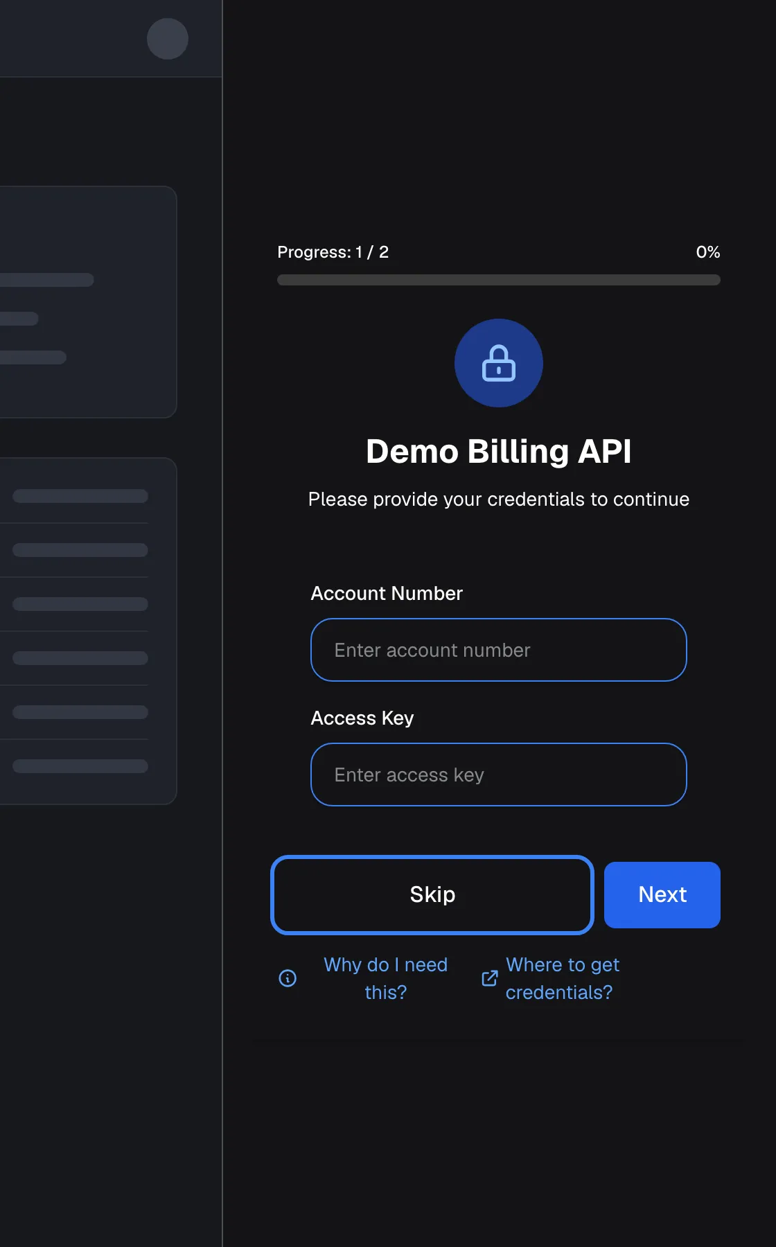 The widget, shown as a panel at the right of the host page, asking the signed-in customer for credentials before the chat starts. "Progress: 1 / 2" and 0% sit above a lock icon and the toolkit name "Demo Billing API" with "Please provide your credentials to continue". The form asks for "Account Number" and "Access Key". Below are the highlighted "Skip" button and "Next", and the links "Why do I need this?" and "Where to get credentials?". Skipping leaves that toolkit unusable for this customer in this browser.