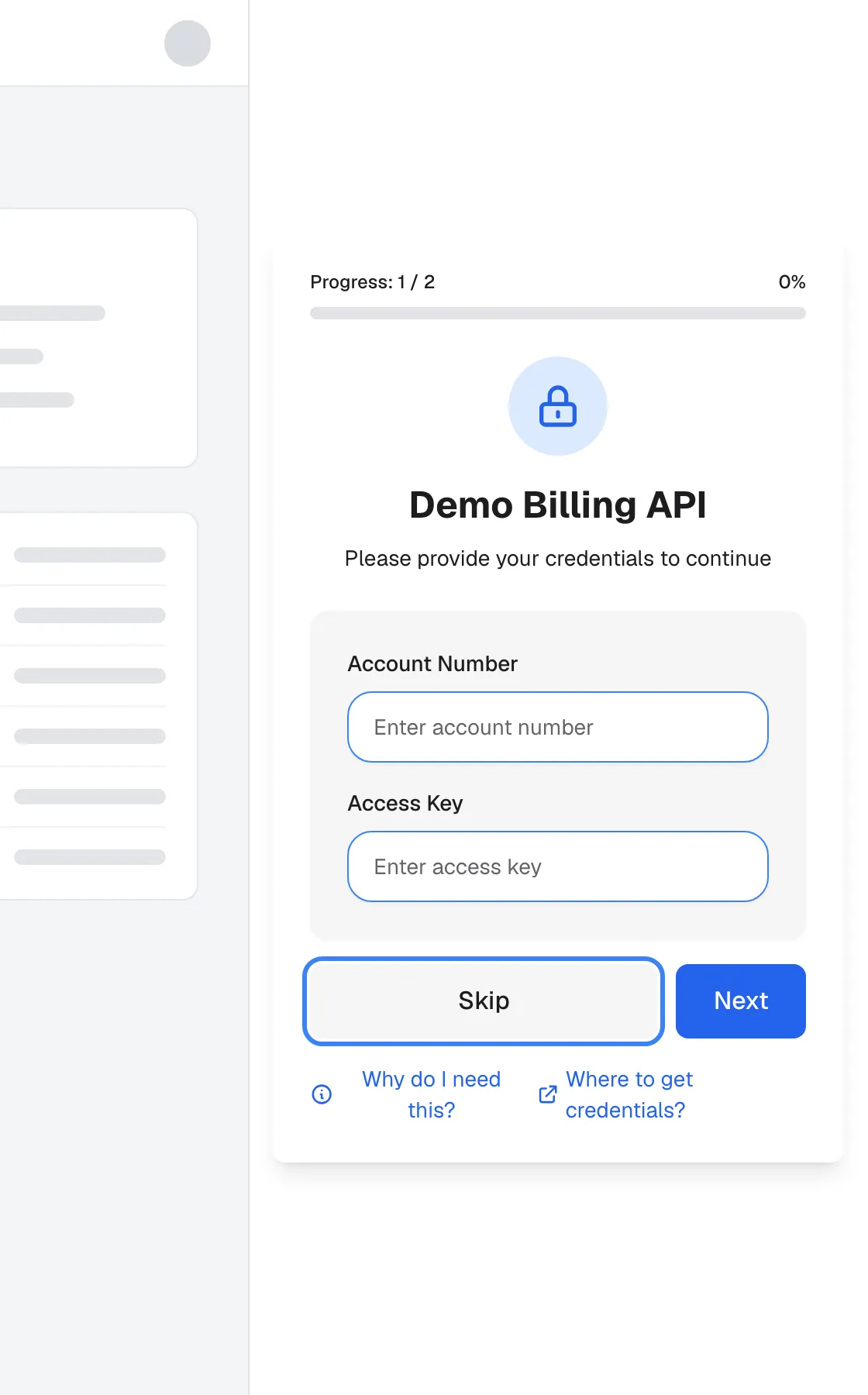 The widget, shown as a panel at the right of the host page, asking the signed-in customer for credentials before the chat starts. "Progress: 1 / 2" and 0% sit above a lock icon and the toolkit name "Demo Billing API" with "Please provide your credentials to continue". The form asks for "Account Number" and "Access Key". Below are the highlighted "Skip" button and "Next", and the links "Why do I need this?" and "Where to get credentials?". Skipping leaves that toolkit unusable for this customer in this browser.