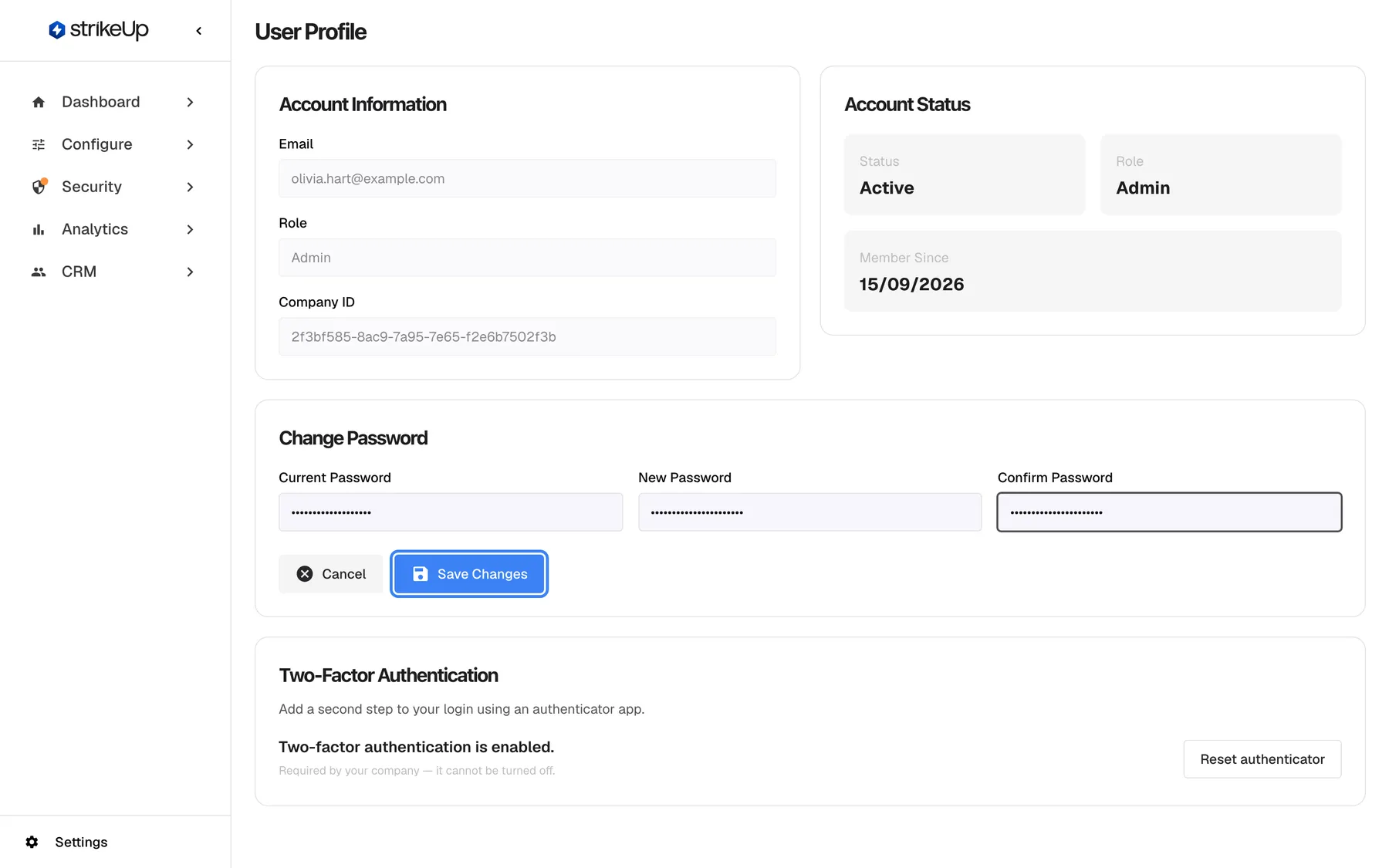 The User Profile page after choosing Edit Profile. A Change Password card shows Current Password, New Password and Confirm Password, each filled in and masked. "Cancel" and the highlighted "Save Changes" button sit below. The new password must have at least 8 characters and both new fields must match. After saving, a green message "Profile updated successfully" appears at the top of the page.