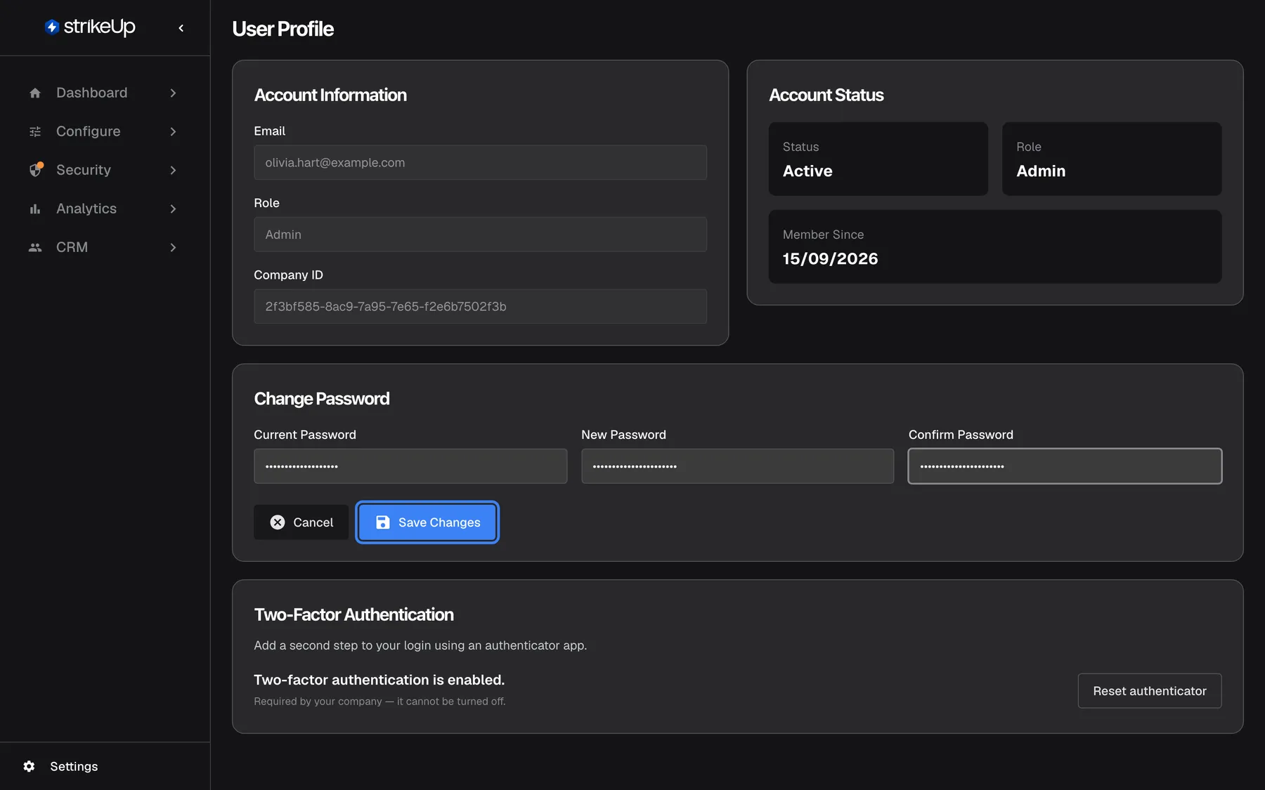 The User Profile page after choosing Edit Profile. A Change Password card shows Current Password, New Password and Confirm Password, each filled in and masked. "Cancel" and the highlighted "Save Changes" button sit below. The new password must have at least 8 characters and both new fields must match. After saving, a green message "Profile updated successfully" appears at the top of the page.