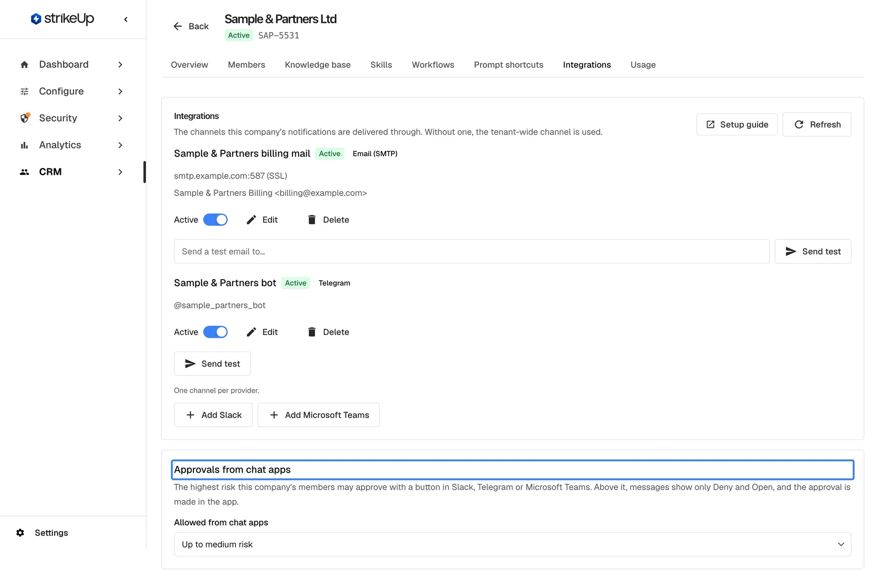The Integrations tab of "Sample & Partners Ltd" with its own two channels, "Sample & Partners billing mail" (Email (SMTP)) and "Sample & Partners bot" (Telegram, @sample_partners_bot), each with an "Active" switch, "Edit", "Delete" and "Send test", then "One channel per provider." with "Add Slack" and "Add Microsoft Teams". Below is the highlighted card "Approvals from chat apps" with "Allowed from chat apps" set to "Up to medium risk": above that risk, chat-app messages show only Deny and Open.