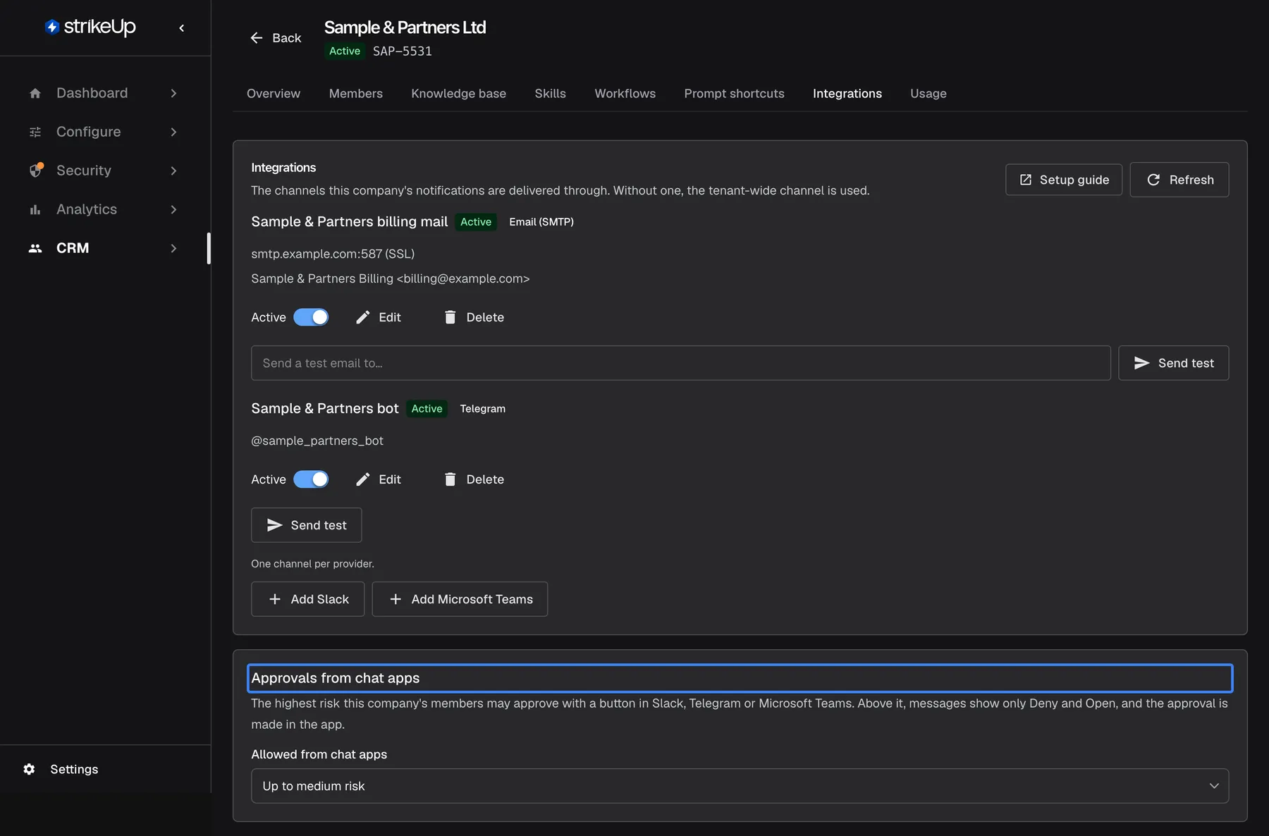 The Integrations tab of "Sample & Partners Ltd" with its own two channels, "Sample & Partners billing mail" (Email (SMTP)) and "Sample & Partners bot" (Telegram, @sample_partners_bot), each with an "Active" switch, "Edit", "Delete" and "Send test", then "One channel per provider." with "Add Slack" and "Add Microsoft Teams". Below is the highlighted card "Approvals from chat apps" with "Allowed from chat apps" set to "Up to medium risk": above that risk, chat-app messages show only Deny and Open.