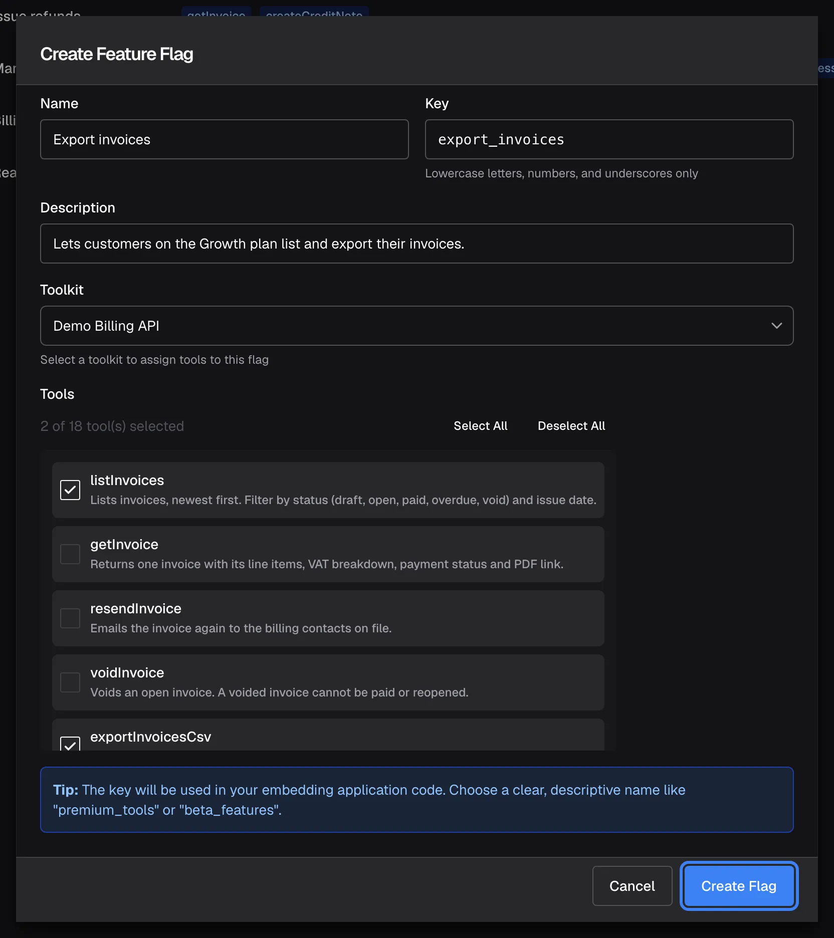 The "Create Feature Flag" dialog, filled in for a new tool access policy. "Name" is "Export invoices", "Key" is export_invoices with the hint "Lowercase letters, numbers, and underscores only", and the description reads "Lets customers on the Growth plan list and export their invoices." "Toolkit" is Demo Billing API and under "Tools" two tools are ticked, listInvoices and exportInvoicesCsv, with a counter of selected tools. A tip explains that the key is used in your embedding application code. The highlighted "Create Flag" button saves the policy.