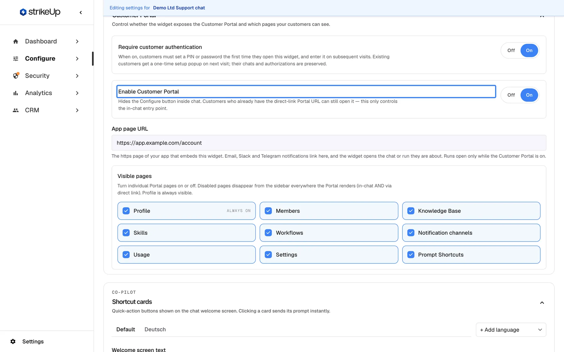 The Customer Portal section of the User Interface page ("Control whether the widget exposes the Customer Portal and which pages your customers can see."). "Require customer authentication" is set to On, with its help text about PIN or password set-up. The highlighted "Enable Customer Portal" is also On; its help says it hides only the Configure button inside chat, while the direct-link Portal URL still works. "App page URL" reads "https://app.example.com/account". Under "Visible pages" all pages are ticked: Profile (always on), Members, Knowledge Base, Skills, Workflows, Notification channels, Usage, Settings and Prompt Shortcuts.