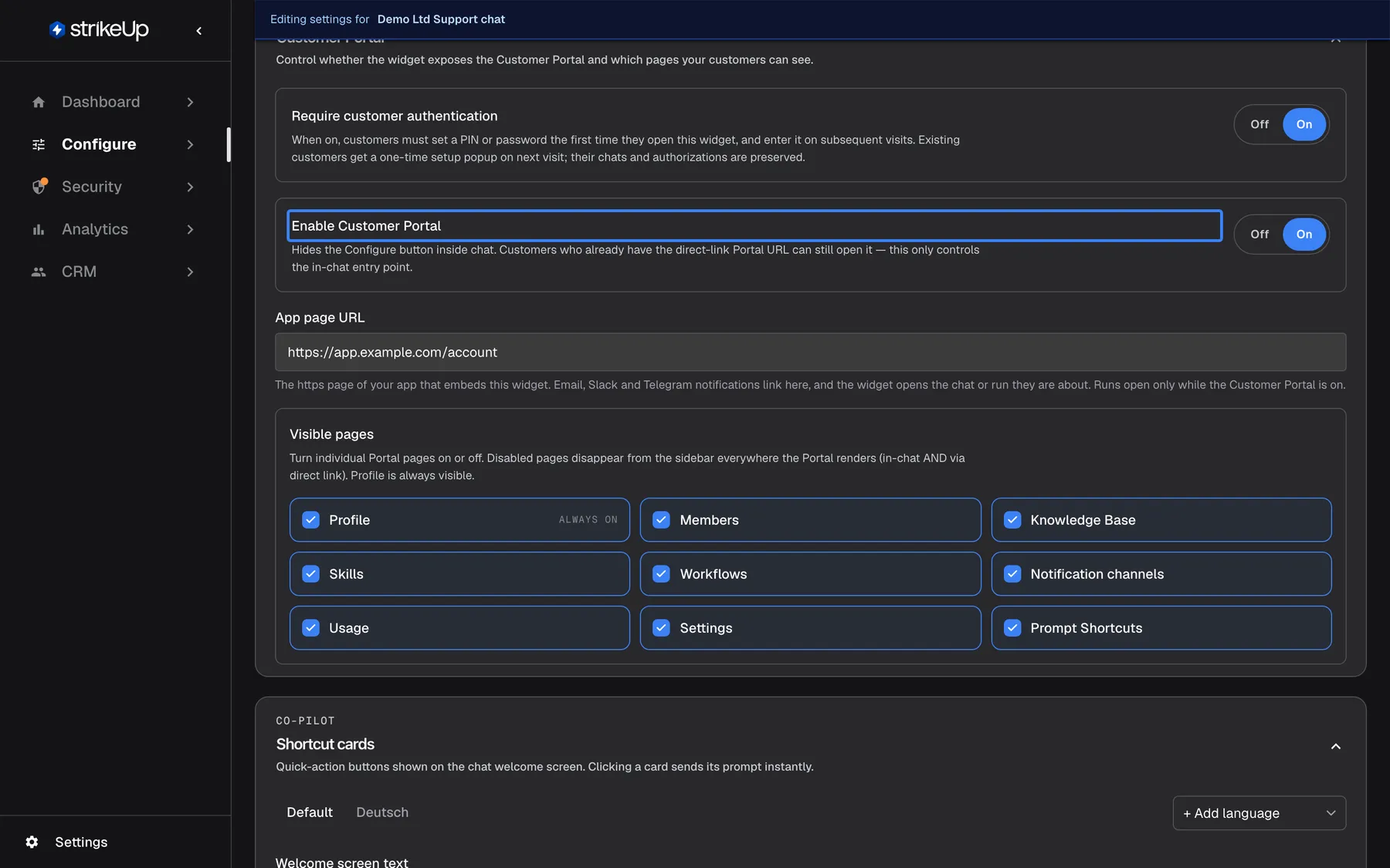 The Customer Portal section of the User Interface page ("Control whether the widget exposes the Customer Portal and which pages your customers can see."). "Require customer authentication" is set to On, with its help text about PIN or password set-up. The highlighted "Enable Customer Portal" is also On; its help says it hides only the Configure button inside chat, while the direct-link Portal URL still works. "App page URL" reads "https://app.example.com/account". Under "Visible pages" all pages are ticked: Profile (always on), Members, Knowledge Base, Skills, Workflows, Notification channels, Usage, Settings and Prompt Shortcuts.