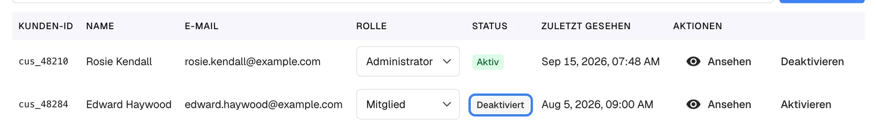 Die Mitgliedertabelle von „Sample & Partners Ltd“, auf die zwei Zeilen zugeschnitten. In der Zeile von Edward Haywood (cus_48284, edward.haywood@example.com, Rolle Mitglied) ist das graue Statusabzeichen „Deaktiviert“ hervorgehoben; seine letzte Änderung war am Aug 5, 2026, die Aktion am Zeilenende heißt „Aktivieren“. Die Zeile von Rosie Kendall darüber zeigt das grüne Abzeichen „Aktiv“ und die Aktion „Deaktivieren“. Ein deaktiviertes Mitglied kann sich nicht im Widget anmelden, sein Verlauf bleibt erhalten.