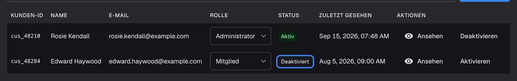 Die Mitgliedertabelle von „Sample & Partners Ltd“, auf die zwei Zeilen zugeschnitten. In der Zeile von Edward Haywood (cus_48284, edward.haywood@example.com, Rolle Mitglied) ist das graue Statusabzeichen „Deaktiviert“ hervorgehoben; seine letzte Änderung war am Aug 5, 2026, die Aktion am Zeilenende heißt „Aktivieren“. Die Zeile von Rosie Kendall darüber zeigt das grüne Abzeichen „Aktiv“ und die Aktion „Deaktivieren“. Ein deaktiviertes Mitglied kann sich nicht im Widget anmelden, sein Verlauf bleibt erhalten.