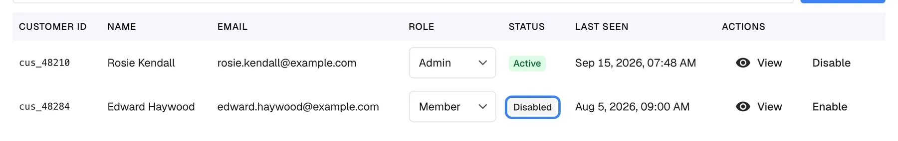 The members table of "Sample & Partners Ltd", cropped to its two rows. In Edward Haywood's row (cus_48284, edward.haywood@example.com, role Member) the grey status badge "Disabled" is highlighted; his last change was Aug 5, 2026, and the action at the end of his row is "Enable". Rosie Kendall's row above shows the green "Active" badge and the action "Disable". A disabled member cannot sign in to the widget, but their history is kept.