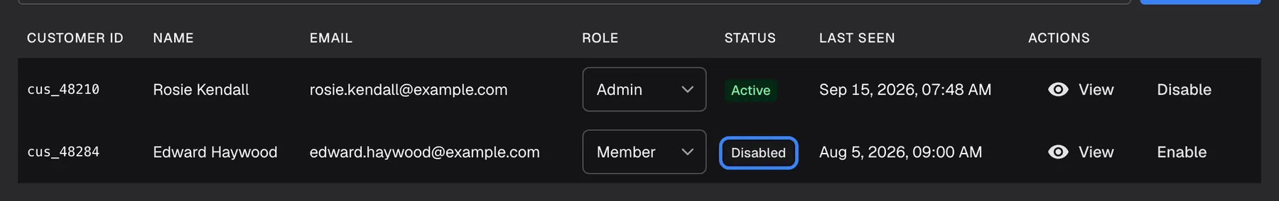 The members table of "Sample & Partners Ltd", cropped to its two rows. In Edward Haywood's row (cus_48284, edward.haywood@example.com, role Member) the grey status badge "Disabled" is highlighted; his last change was Aug 5, 2026, and the action at the end of his row is "Enable". Rosie Kendall's row above shows the green "Active" badge and the action "Disable". A disabled member cannot sign in to the widget, but their history is kept.