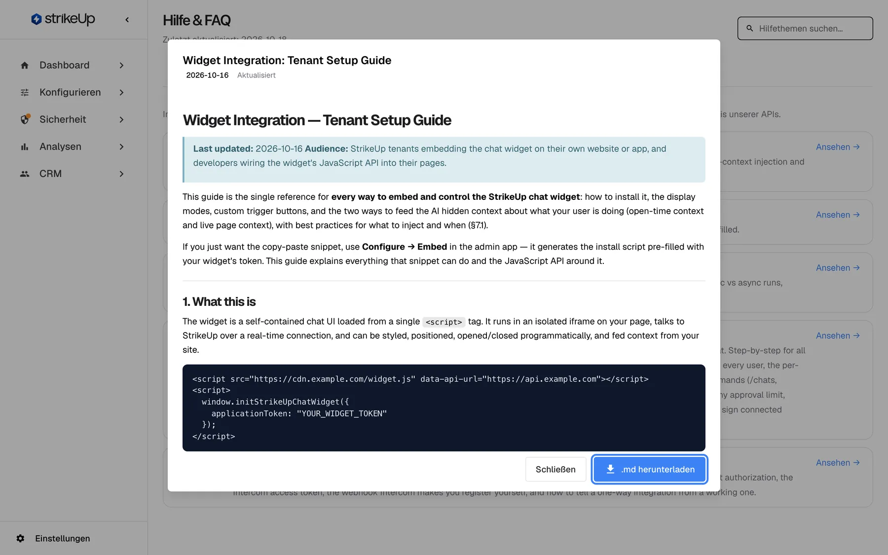 Der Lesedialog für „Widget Integration: Tenant Setup Guide“, aktualisiert am 2026-10-12, über der Registerkarte „Technische Dokumente“. Er zeigt den englischen Leitfaden mit Überschriften, einem farbigen Hinweis, Fettdruck und einem dunklen Codeblock mit dem Skript, das widget.js lädt und initStrikeUpChatWidget mit einem Anwendungstoken aufruft. Unten stehen „Schließen“ und die hervorgehobene Schaltfläche „.md herunterladen“, die den Leitfaden als Markdown-Datei speichert.