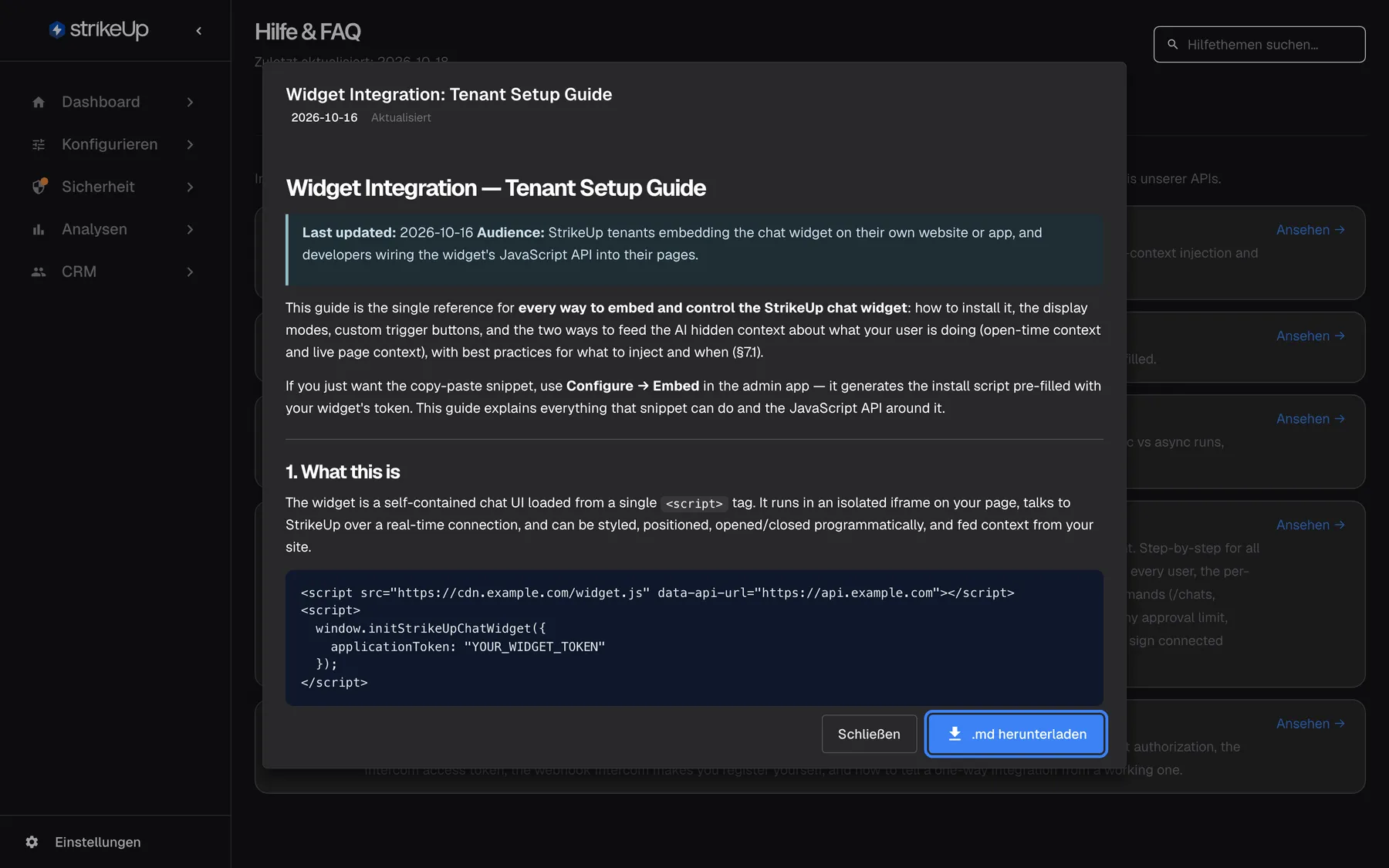 Der Lesedialog für „Widget Integration: Tenant Setup Guide“, aktualisiert am 2026-10-12, über der Registerkarte „Technische Dokumente“. Er zeigt den englischen Leitfaden mit Überschriften, einem farbigen Hinweis, Fettdruck und einem dunklen Codeblock mit dem Skript, das widget.js lädt und initStrikeUpChatWidget mit einem Anwendungstoken aufruft. Unten stehen „Schließen“ und die hervorgehobene Schaltfläche „.md herunterladen“, die den Leitfaden als Markdown-Datei speichert.