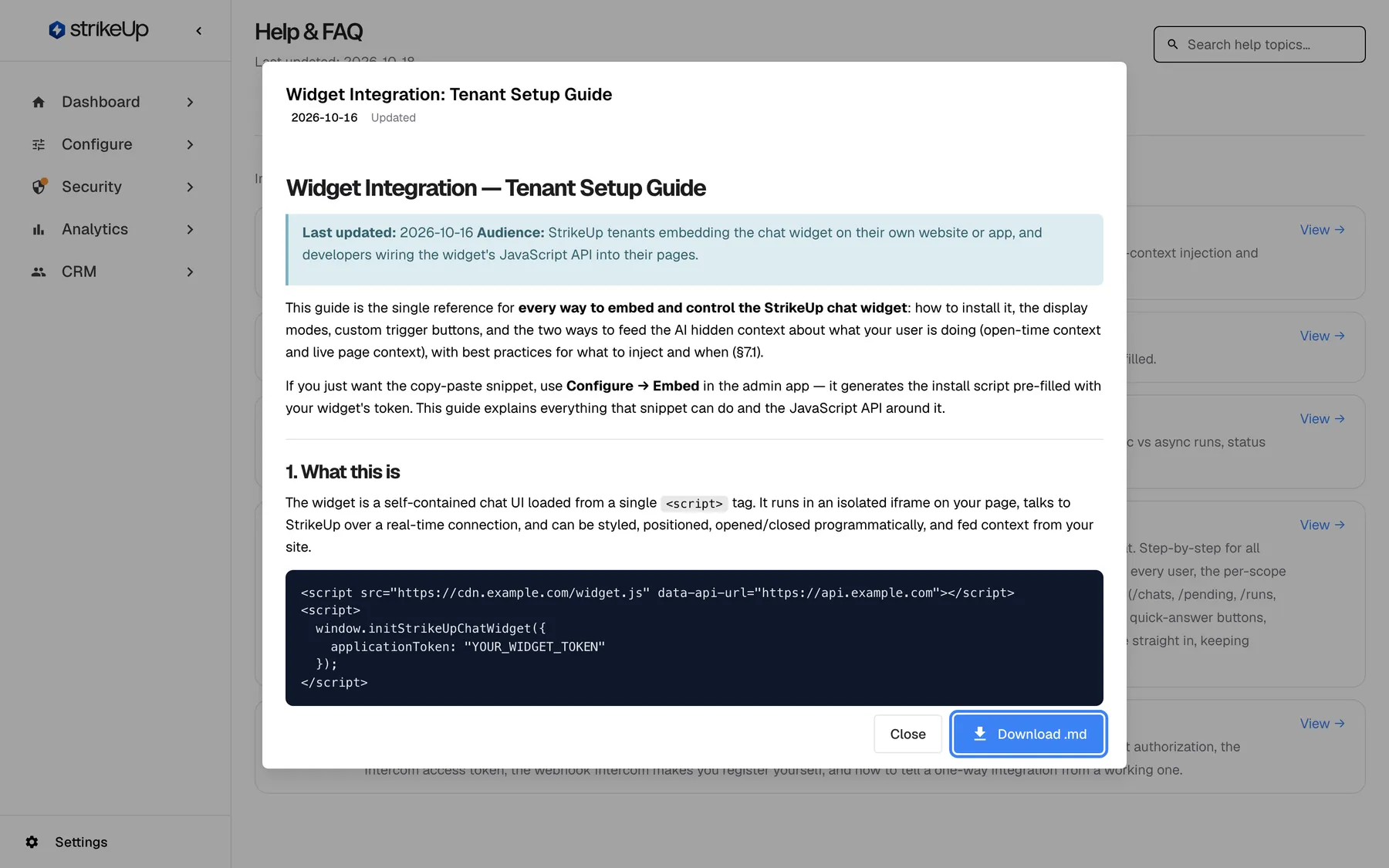 The reader dialog for "Widget Integration: Tenant Setup Guide", updated 2026-10-12, open over the Technical docs tab. It renders the guide with headings, a highlighted note, bold text and a dark code block showing the script snippet that loads widget.js and calls initStrikeUpChatWidget with an application token. At the bottom, "Close" and the highlighted "Download .md" button, which saves the guide as a Markdown file.