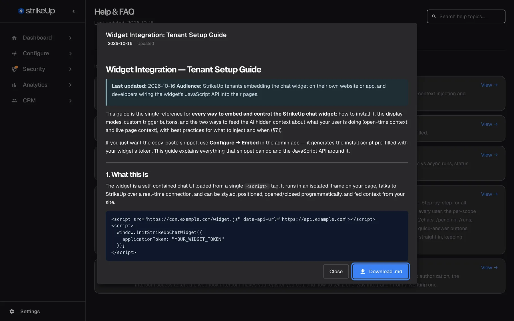 The reader dialog for "Widget Integration: Tenant Setup Guide", updated 2026-10-12, open over the Technical docs tab. It renders the guide with headings, a highlighted note, bold text and a dark code block showing the script snippet that loads widget.js and calls initStrikeUpChatWidget with an application token. At the bottom, "Close" and the highlighted "Download .md" button, which saves the guide as a Markdown file.