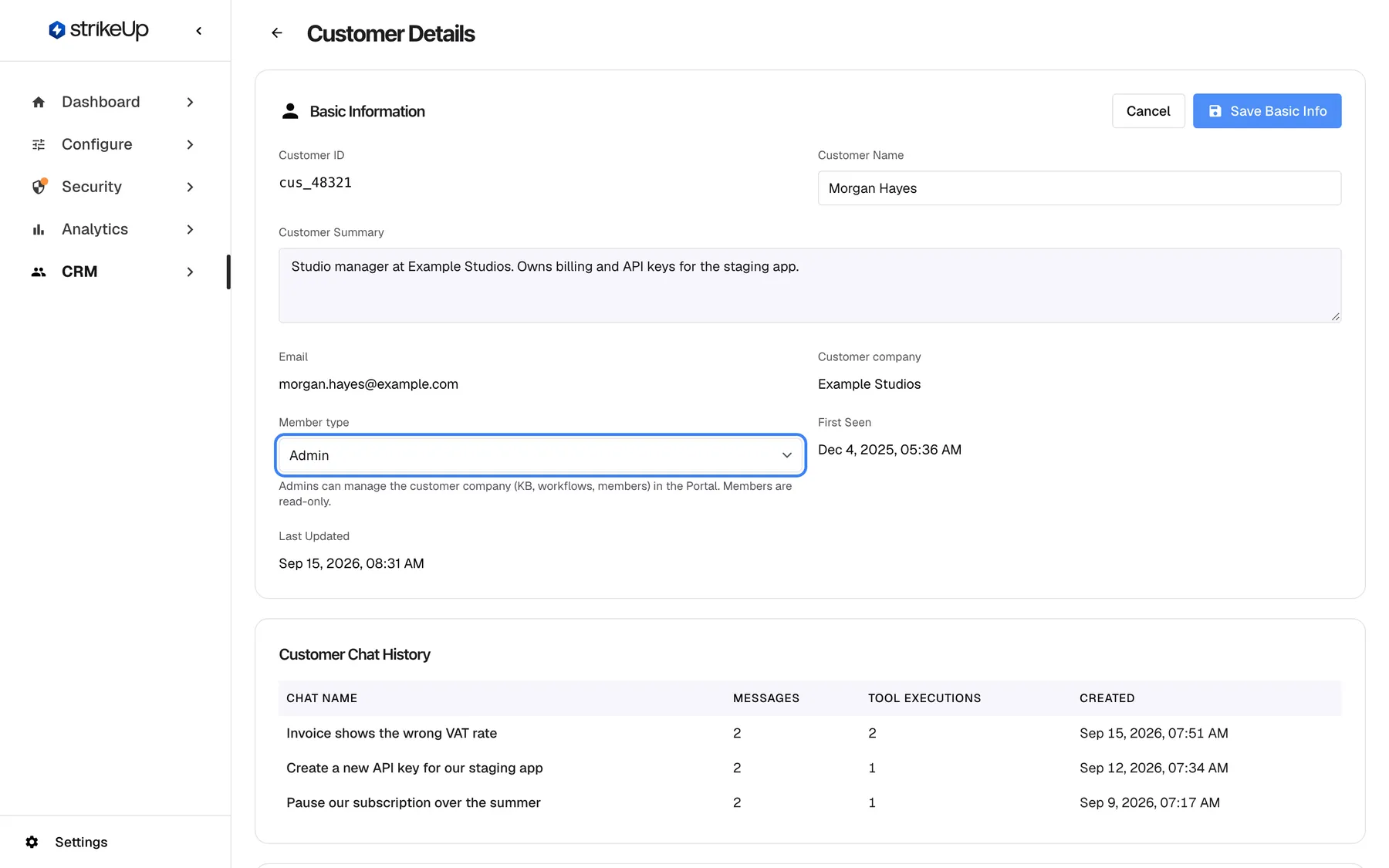 The Basic Information card of Morgan Hayes in edit mode. Customer Name and Customer Summary are now editable fields, and the highlighted "Member type" selector shows "Admin", with the help text that Admins can manage the customer company (KB, workflows, members) in the Portal and Members are read-only. Email, Customer company and dates stay read-only. "Cancel" and "Save Basic Info" replace the Edit button.