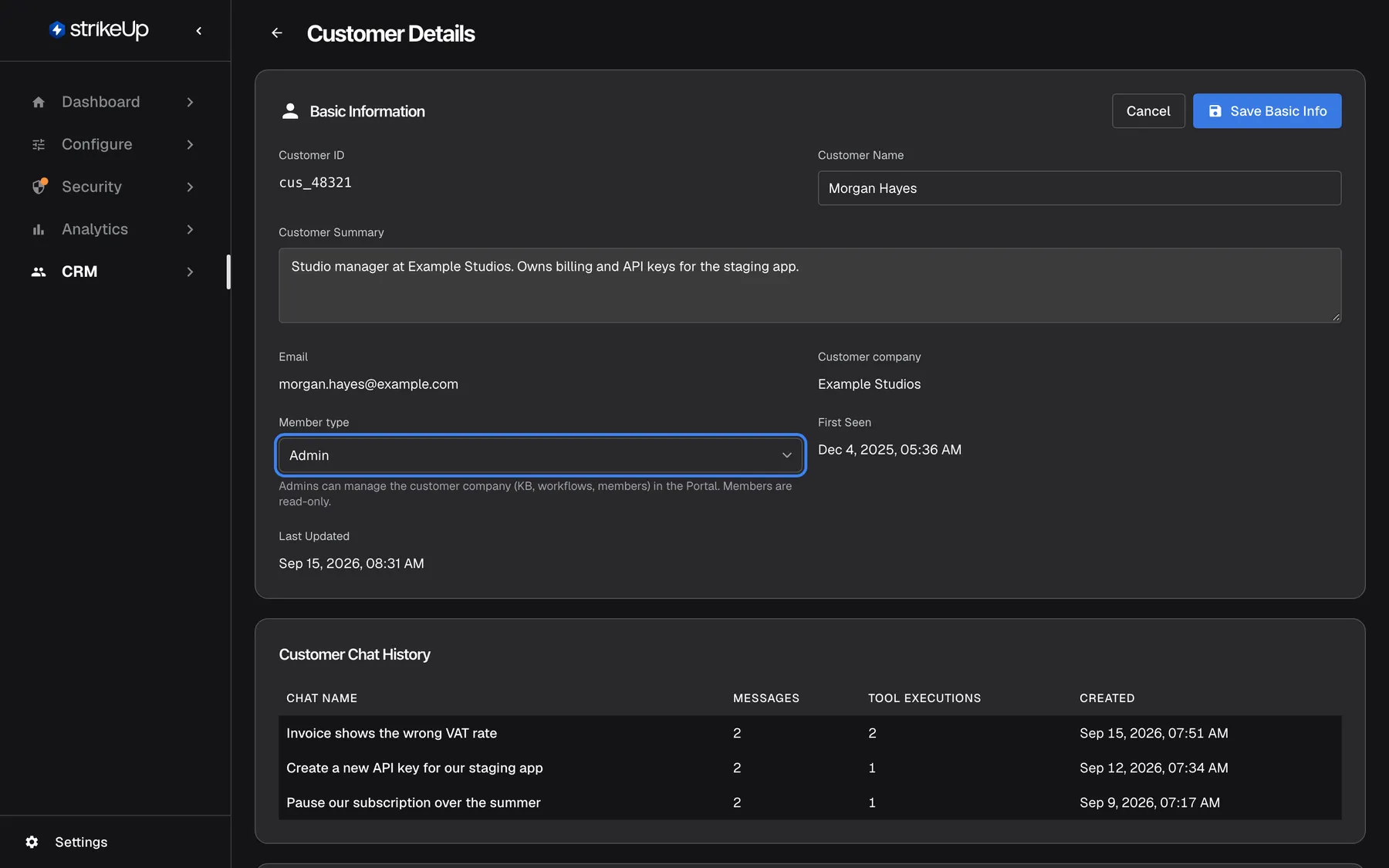 The Basic Information card of Morgan Hayes in edit mode. Customer Name and Customer Summary are now editable fields, and the highlighted "Member type" selector shows "Admin", with the help text that Admins can manage the customer company (KB, workflows, members) in the Portal and Members are read-only. Email, Customer company and dates stay read-only. "Cancel" and "Save Basic Info" replace the Edit button.
