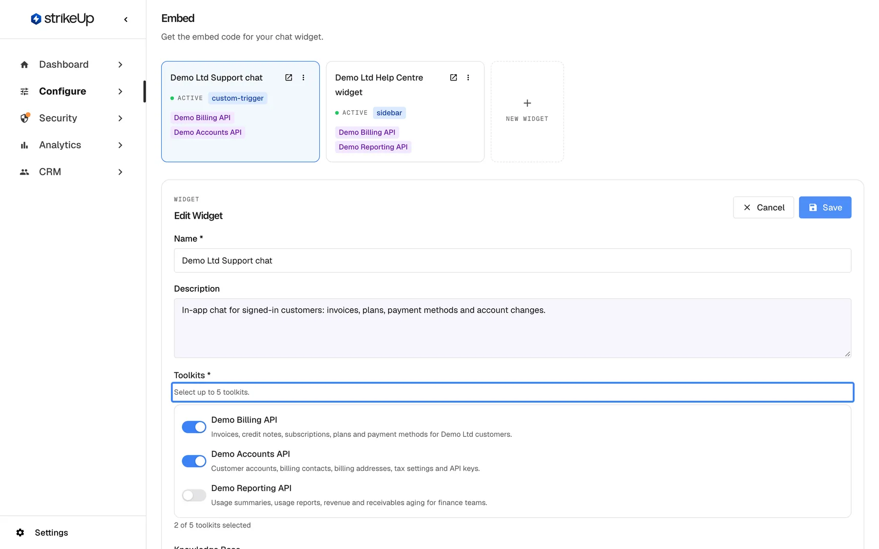 The Embed page with the widget card switched to "Edit Widget", with "Cancel" and "Save" at the top right. The form shows "Name *" (Demo Ltd Support chat), "Description" and "Toolkits *" with the highlighted hint "Select up to 5 toolkits." Below it each active toolkit has a switch: "Demo Billing API" and "Demo Accounts API" are on, "Demo Reporting API" is off, each with its description, and the counter reads "2 of 5 toolkits selected". The Knowledge Base picker starts below the visible area.