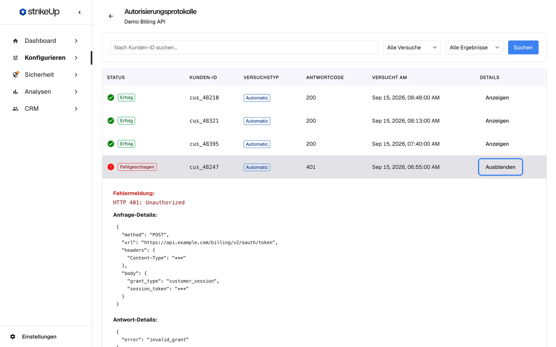 Die Seite Autorisierungsprotokolle für "Demo Billing API" mit aufgeklappter, fehlgeschlagener Zeile des Kunden cus_48247 (Fehlgeschlagen, Automatic, Antwortcode 401). In der Spalte Details ist die Schaltfläche "Ausblenden" hervorgehoben; sie klappt die Zeile wieder zu. Darunter steht unter "Fehlermeldung:" der Text "HTTP 401: Unauthorized". "Anfrage-Details:" zeigt Methode POST, die URL https://api.example.com/billing/v2/oauth/token, den Header Content-Type mit maskiertem Wert *** und den Body mit maskiertem session_token. "Antwort-Details:" beginnt mit "error": "invalid_grant".
