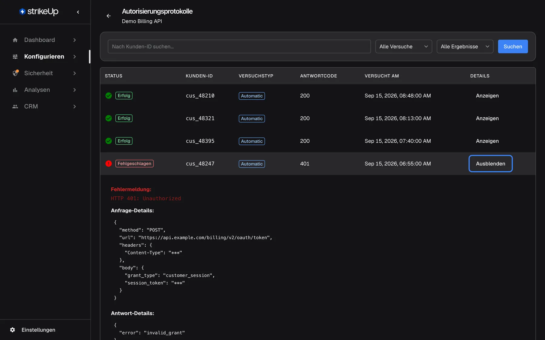 Die Seite Autorisierungsprotokolle für "Demo Billing API" mit aufgeklappter, fehlgeschlagener Zeile des Kunden cus_48247 (Fehlgeschlagen, Automatic, Antwortcode 401). In der Spalte Details ist die Schaltfläche "Ausblenden" hervorgehoben; sie klappt die Zeile wieder zu. Darunter steht unter "Fehlermeldung:" der Text "HTTP 401: Unauthorized". "Anfrage-Details:" zeigt Methode POST, die URL https://api.example.com/billing/v2/oauth/token, den Header Content-Type mit maskiertem Wert *** und den Body mit maskiertem session_token. "Antwort-Details:" beginnt mit "error": "invalid_grant".