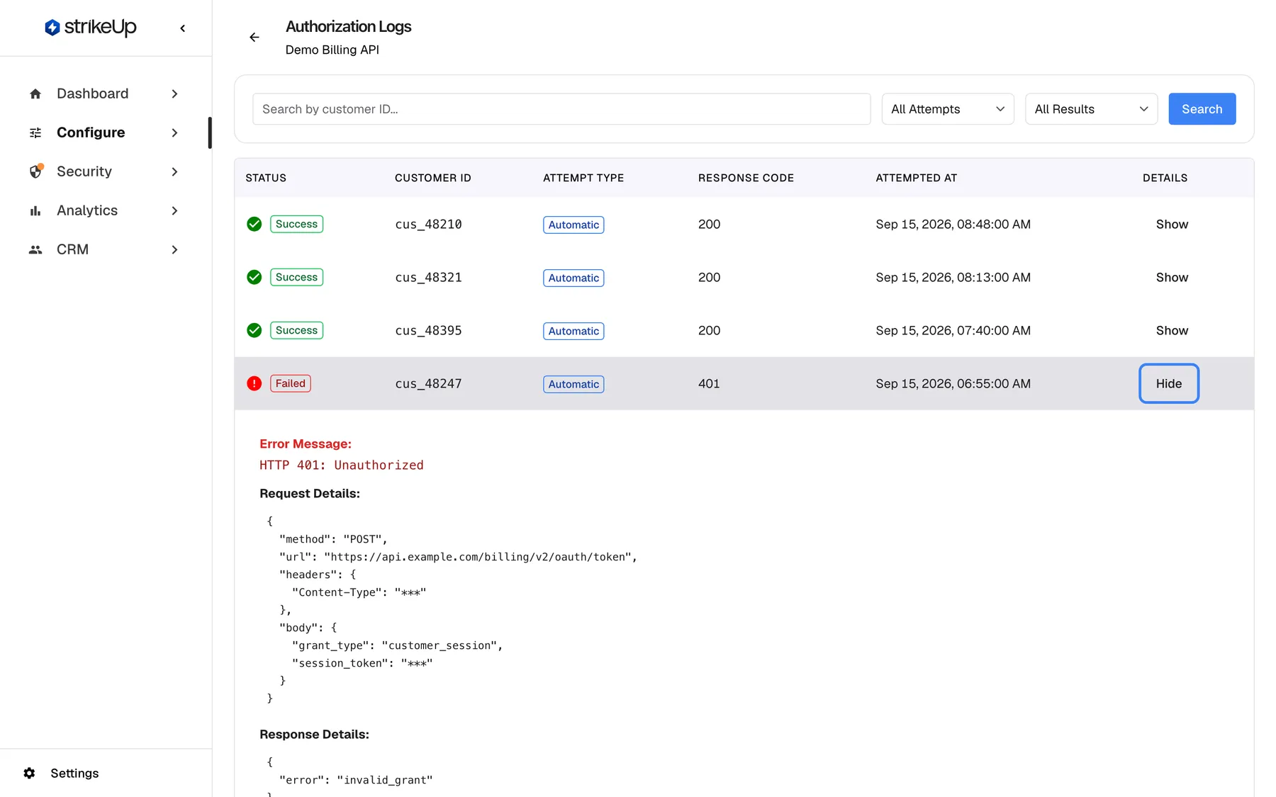 The Authorization Logs page for "Demo Billing API" with the failed row of customer cus_48247 expanded (Failed, Automatic, response code 401, Sep 15, 2026, 06:55:00 AM). In the Details column the highlighted "Hide" button collapses the row again. Under the row, "Error Message:" reads "HTTP 401: Unauthorized"; "Request Details:" shows method POST, the URL https://api.example.com/billing/v2/oauth/token, the Content-Type header with its value masked as *** and the body with session_token masked as ***; "Response Details:" begins with "error": "invalid_grant".