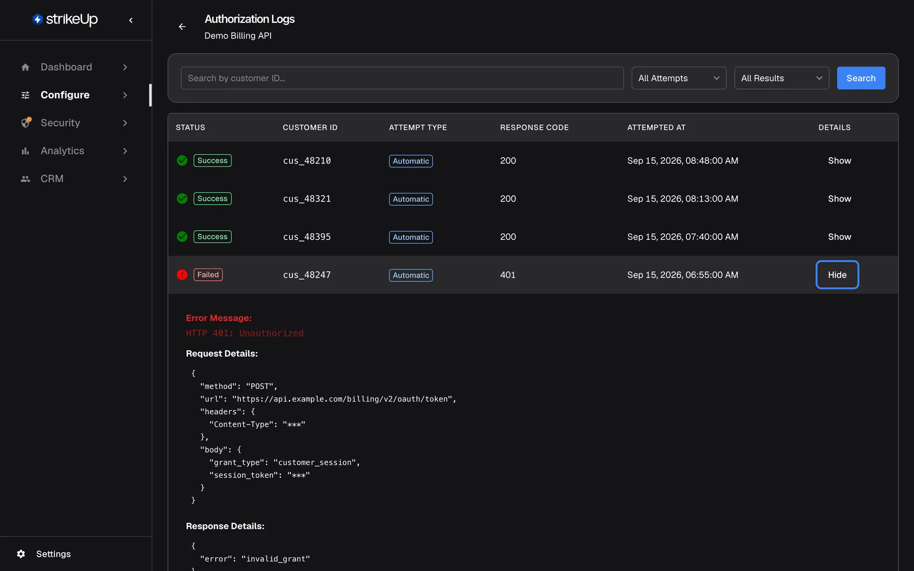 The Authorization Logs page for "Demo Billing API" with the failed row of customer cus_48247 expanded (Failed, Automatic, response code 401, Sep 15, 2026, 06:55:00 AM). In the Details column the highlighted "Hide" button collapses the row again. Under the row, "Error Message:" reads "HTTP 401: Unauthorized"; "Request Details:" shows method POST, the URL https://api.example.com/billing/v2/oauth/token, the Content-Type header with its value masked as *** and the body with session_token masked as ***; "Response Details:" begins with "error": "invalid_grant".