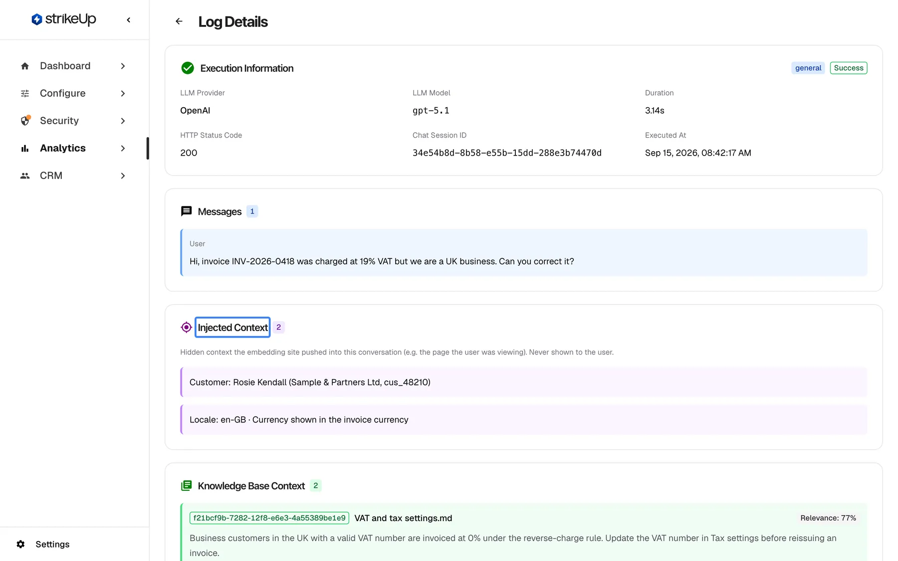 The Log Details page of one AI action under Analytics: Execution Information (provider OpenAI with its model, 3.14s, HTTP status 200, Chat Session ID, executed Sep 15, 2026), then Messages with the user's question "Hi, invoice INV-2026-0418 was charged at 19% VAT but we are a UK business. Can you correct it?". The highlighted section "Injected Context" (2) explains "Hidden context the embedding site pushed into this conversation (e.g. the page the user was viewing). Never shown to the user." and lists "Customer: Rosie Kendall (Sample & Partners Ltd, cus_48210)" and "Locale: en-GB · Currency shown in the invoice currency".