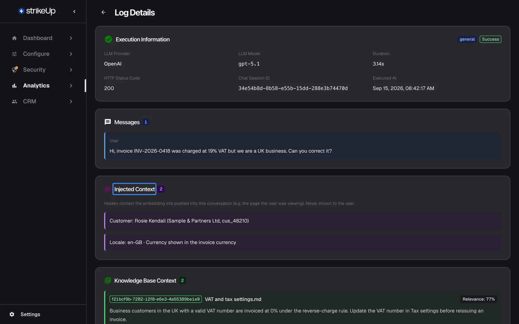 The Log Details page of one AI action under Analytics: Execution Information (provider OpenAI with its model, 3.14s, HTTP status 200, Chat Session ID, executed Sep 15, 2026), then Messages with the user's question "Hi, invoice INV-2026-0418 was charged at 19% VAT but we are a UK business. Can you correct it?". The highlighted section "Injected Context" (2) explains "Hidden context the embedding site pushed into this conversation (e.g. the page the user was viewing). Never shown to the user." and lists "Customer: Rosie Kendall (Sample & Partners Ltd, cus_48210)" and "Locale: en-GB · Currency shown in the invoice currency".
