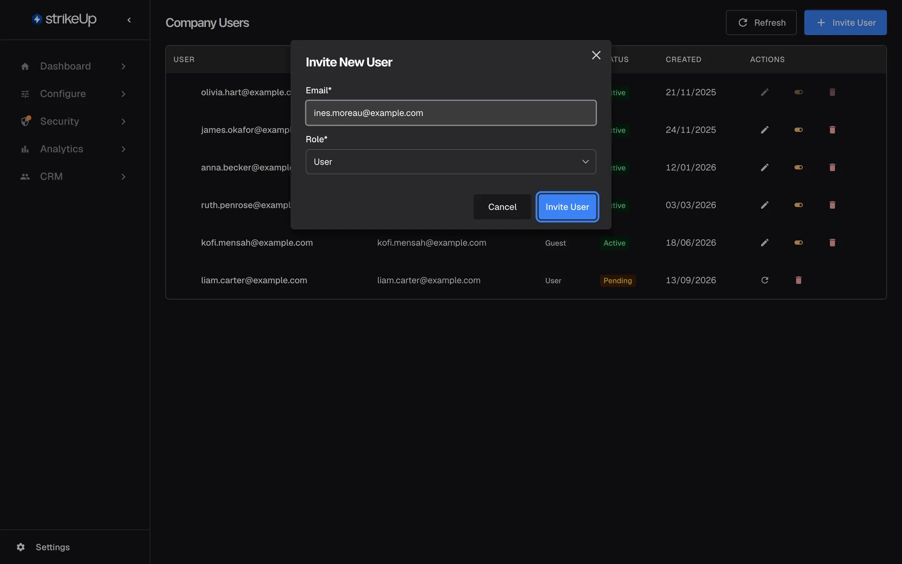The "Invite New User" dialog over the Company Users page. The Email* field holds ines.moreau@example.com and the Role* selector is set to "User"; the selector only offers User and Admin. At the bottom, "Cancel" and the highlighted "Invite User" button. Inviting sends an email with a link that is valid for seven days; the person appears in the list as Pending until they accept.