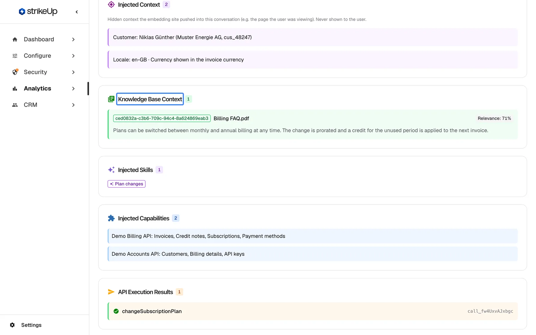 Further down the AI action page. "Injected Context" explains that this is hidden context the embedding site pushed into the conversation and lists two entries: the customer Niklas Günther of Muster Energie AG (cus_48247) and the locale. The highlighted "Knowledge Base Context" section shows the file Billing FAQ.pdf with a "Relevance" of 71% and the passage it gave the AI: plans can be switched between monthly and annual billing at any time, prorated, with a credit for the unused period.