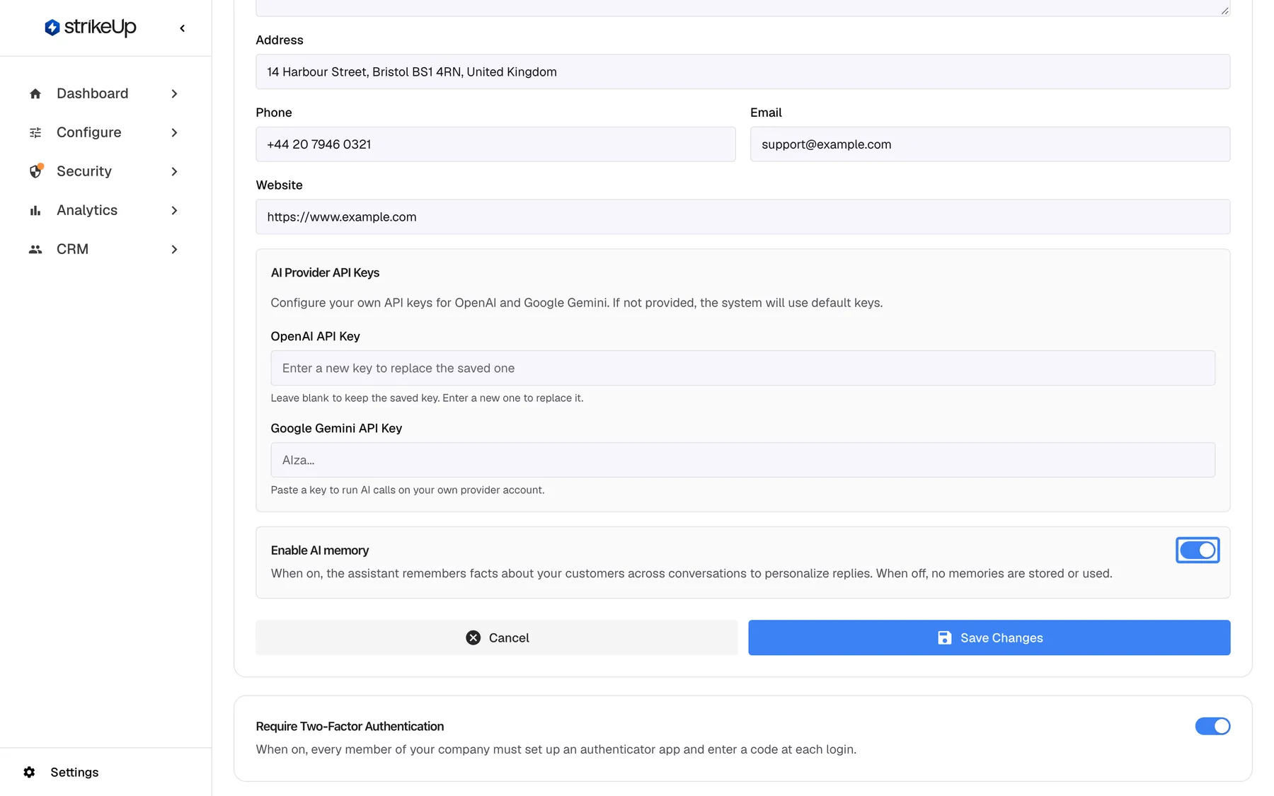 The Company Details page in edit mode, scrolled to the "Enable AI memory" card below the AI Provider API Keys. Its switch is on and highlighted. The description reads "When on, the assistant remembers facts about your customers across conversations to personalize replies. When off, no memories are stored or used." Below, the "Cancel" and "Save Changes" buttons save the switch together with the rest of the company details.