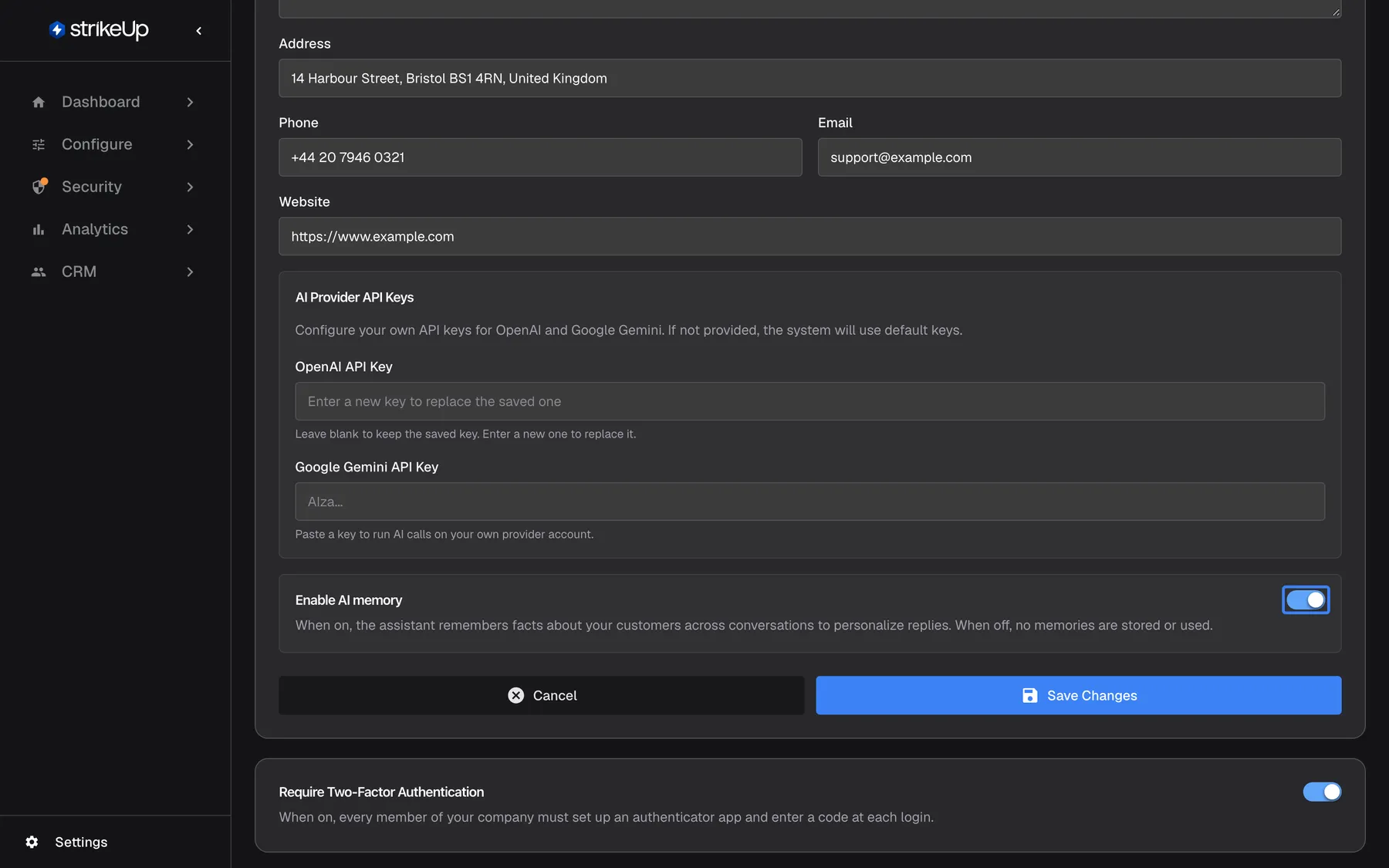 The Company Details page in edit mode, scrolled to the "Enable AI memory" card below the AI Provider API Keys. Its switch is on and highlighted. The description reads "When on, the assistant remembers facts about your customers across conversations to personalize replies. When off, no memories are stored or used." Below, the "Cancel" and "Save Changes" buttons save the switch together with the rest of the company details.