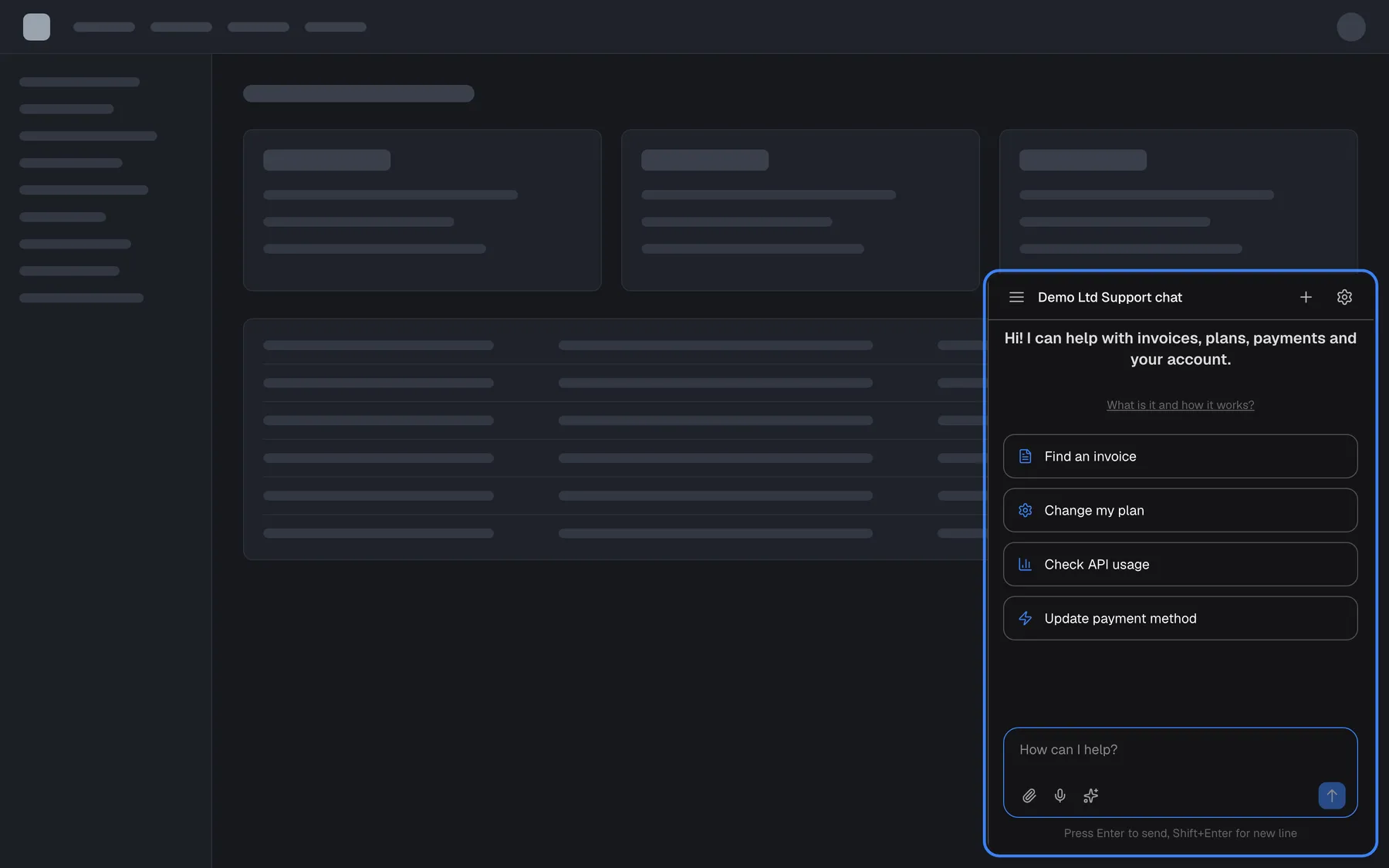 A neutral example web app (grey placeholder header, side menu, cards and table) with the StrikeUp widget open as a popup window in the bottom-right corner, highlighted. The window is titled "Demo Ltd Support chat" and shows the welcome text "Hi! I can help with invoices, plans, payments and your account.", the link "What is it and how it works?", four shortcut cards "Find an invoice", "Check API usage" and "Change billing plan", and the message box "How can I help?". The menu, new-chat and gear icons sit in its top bar.