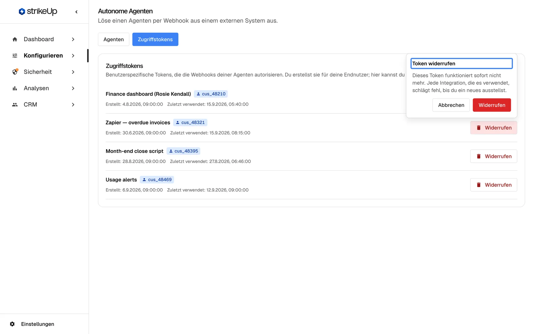 Der Tab „Zugriffstokens“ mit einem geöffneten Bestätigungsfenster neben der Schaltfläche „Widerrufen“ von „Zapier — overdue invoices“. Auf den hervorgehobenen Titel „Token widerrufen“ folgt „Dieses Token funktioniert sofort nicht mehr. Jede Integration, die es verwendet, schlägt fehl, bis du ein neues ausstellst.“ und die Schaltflächen „Abbrechen“ und „Widerrufen“. Ein widerrufenes Token verschwindet aus der Liste und lässt sich nicht wiederherstellen.
