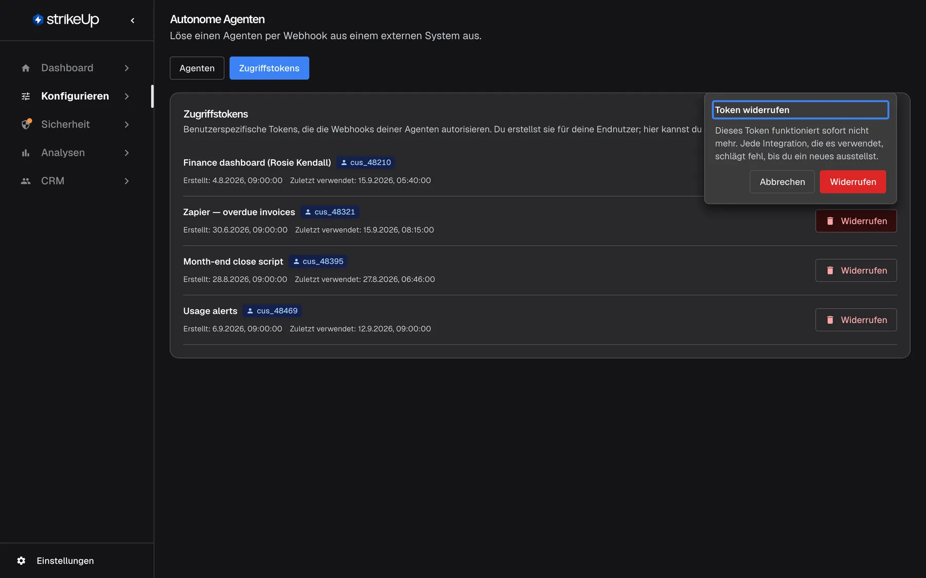 Der Tab „Zugriffstokens“ mit einem geöffneten Bestätigungsfenster neben der Schaltfläche „Widerrufen“ von „Zapier — overdue invoices“. Auf den hervorgehobenen Titel „Token widerrufen“ folgt „Dieses Token funktioniert sofort nicht mehr. Jede Integration, die es verwendet, schlägt fehl, bis du ein neues ausstellst.“ und die Schaltflächen „Abbrechen“ und „Widerrufen“. Ein widerrufenes Token verschwindet aus der Liste und lässt sich nicht wiederherstellen.