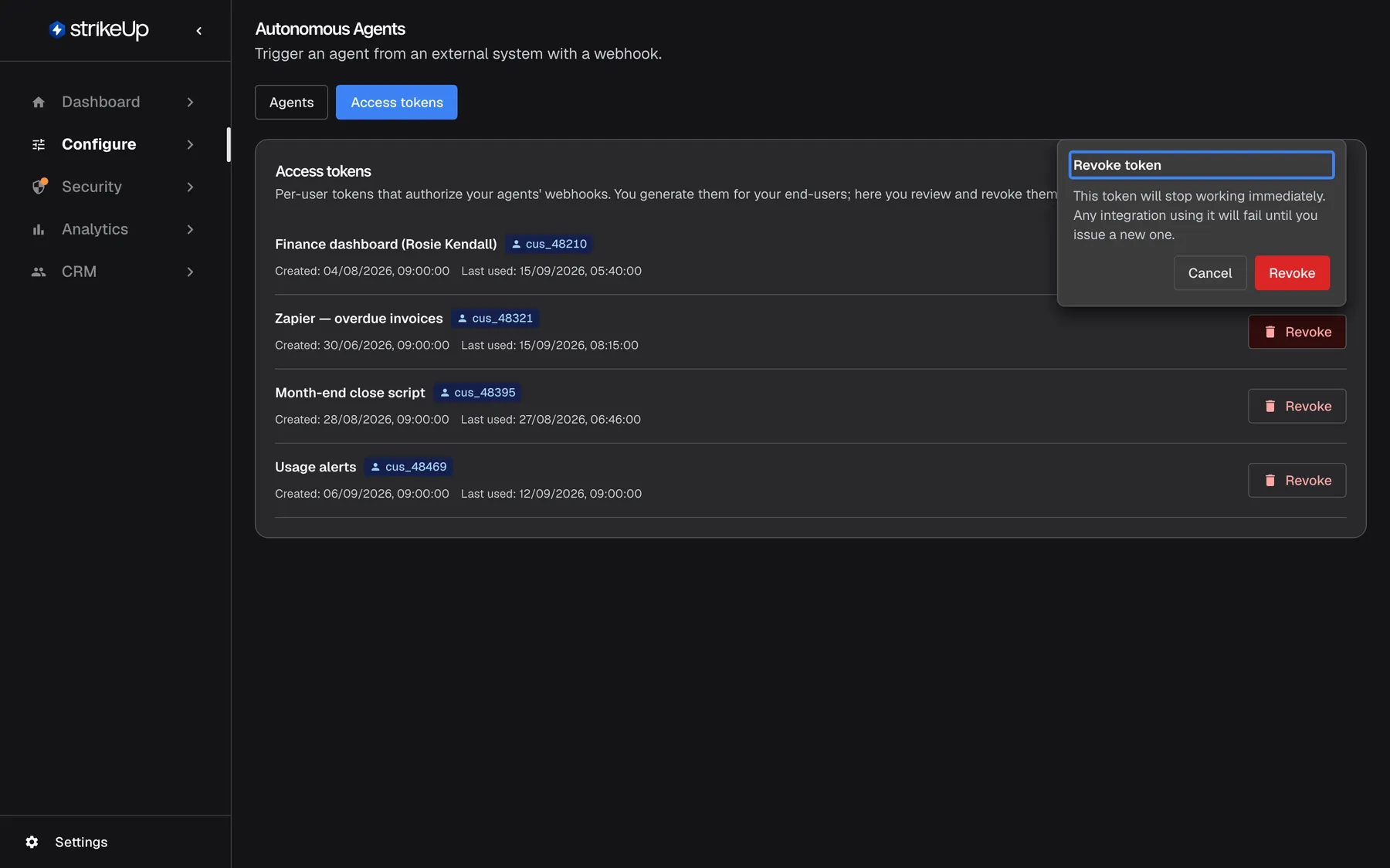 The "Access tokens" tab with a confirmation popover open next to the Revoke button of "Zapier — overdue invoices". The highlighted title "Revoke token" is followed by "This token will stop working immediately. Any integration using it will fail until you issue a new one." and the buttons "Cancel" and "Revoke". A revoked token disappears from the list and cannot be restored.