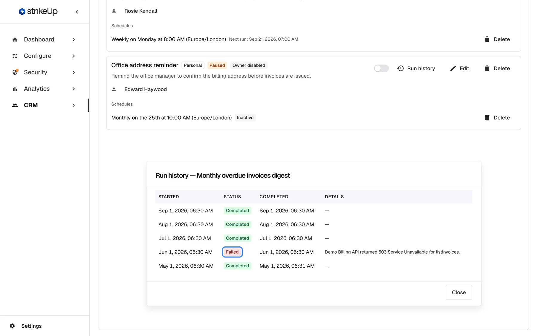 The "Run history" dialog for "Monthly overdue invoices digest", shown below the workflow cards. Its table has the columns Started, Status, Completed and Details and lists five monthly runs from May 1 to Sep 1, 2026. Four are "Completed"; the run of Jun 1, 2026 has the highlighted status "Failed", with the detail "Demo Billing API returned 503 Service Unavailable for listInvoices." A Close button ends the dialog.