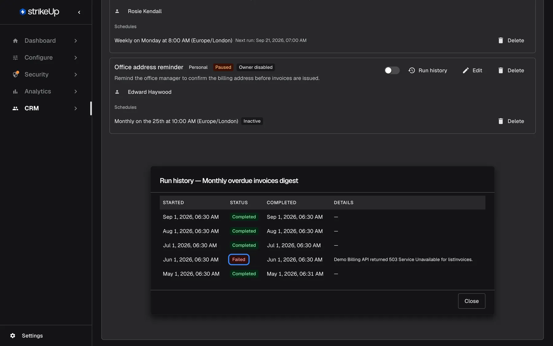 The "Run history" dialog for "Monthly overdue invoices digest", shown below the workflow cards. Its table has the columns Started, Status, Completed and Details and lists five monthly runs from May 1 to Sep 1, 2026. Four are "Completed"; the run of Jun 1, 2026 has the highlighted status "Failed", with the detail "Demo Billing API returned 503 Service Unavailable for listInvoices." A Close button ends the dialog.