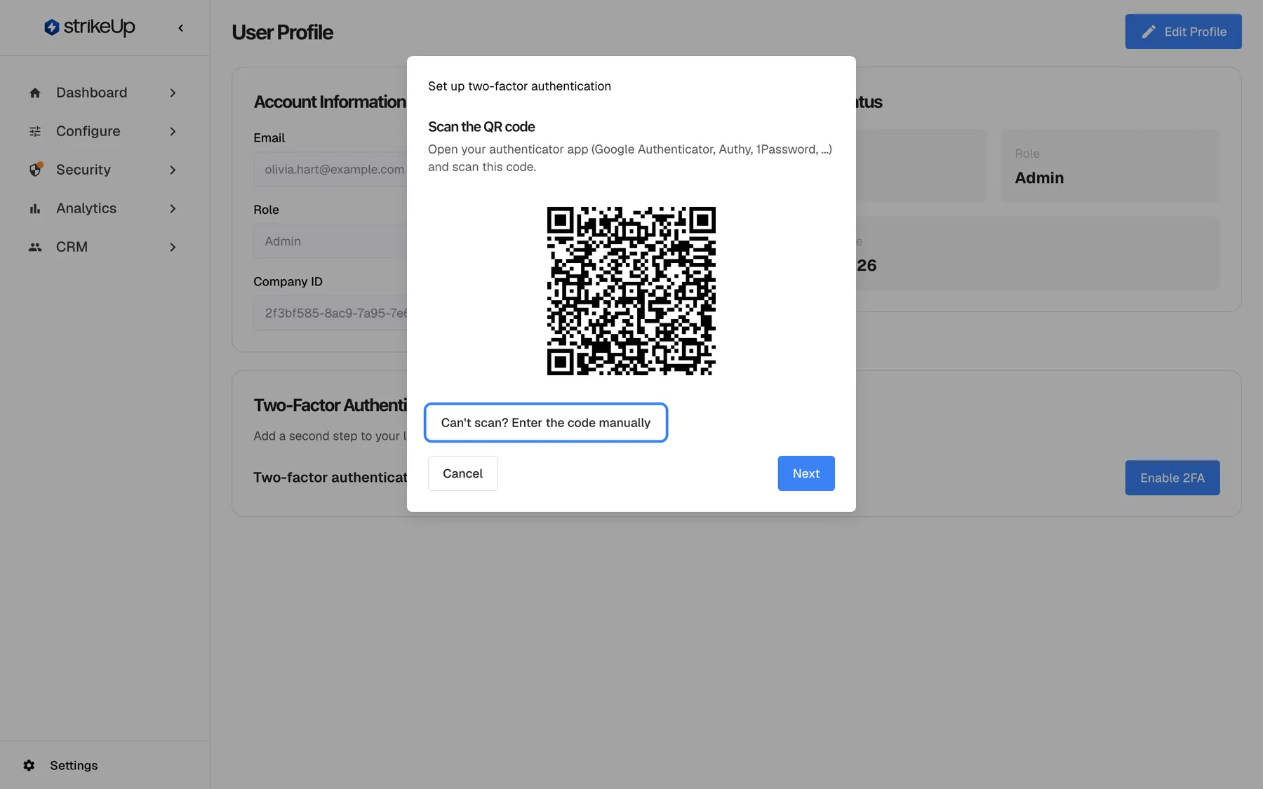 The dialog "Set up two-factor authentication" over the dimmed profile page. Its first step, "Scan the QR code", says "Open your authenticator app (Google Authenticator, Authy, 1Password, ...) and scan this code." above a QR code. Below the code, the toggle "Can't scan? Enter the code manually" is highlighted; it reveals the setup key so you can type it into the app instead of scanning. At the bottom are "Cancel" at the left and the blue "Next" button at the right.